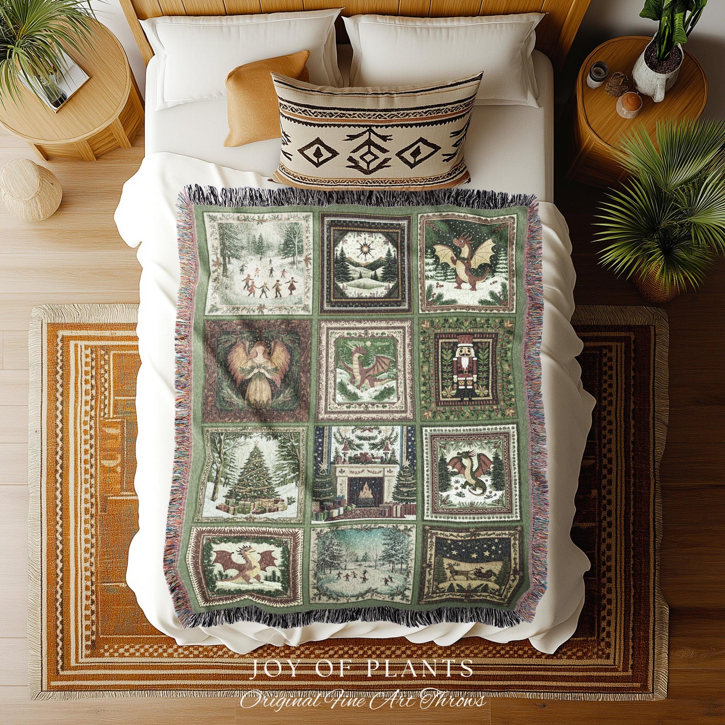 Enchanted Winter Dragon Xmas Tapestry | Cottagecore Festive Whimsical Woven Throw Blanket Cozy Boho Olive Green Seasonal Holiday Decor Gift