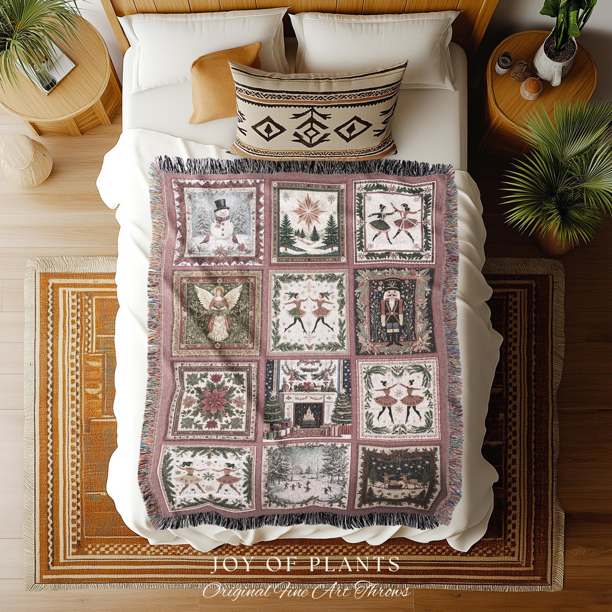 Rosy Winter Ballerinas Xmas Throw | Whimsical Cottagecore Boho Nordic Winter Festive Sugarplum Fairy Holiday Cozy Nostalgic Nutcracker Decor