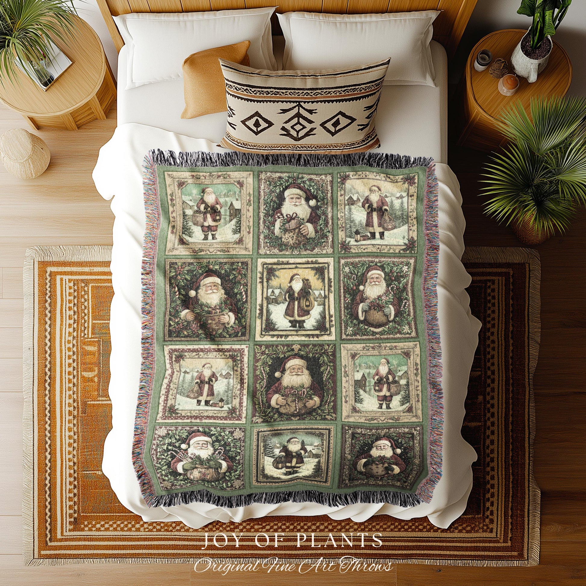 Sage Green Retro Xmas Throw Blanket | Cozy Pastel Santa Claus Home Decor Retro Christmas Whimsical Holiday Winter Wonderland Aesthetic Cute