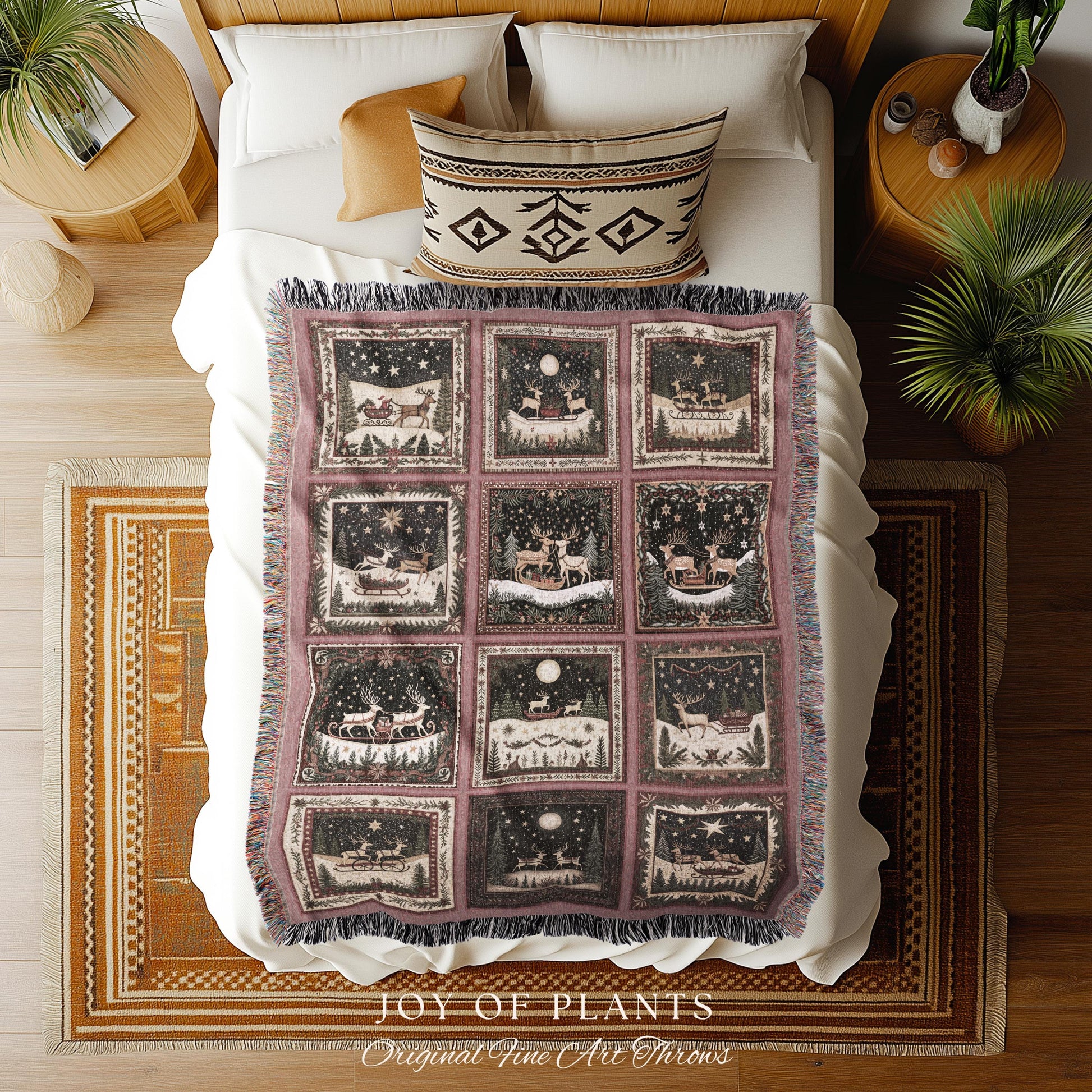 Cute Boho Reindeer Throw Blanket | Pastel Christmas Winter Wonderland Scandinavian Aesthetic Danish Home Decor Festive Whimsical Holiday |