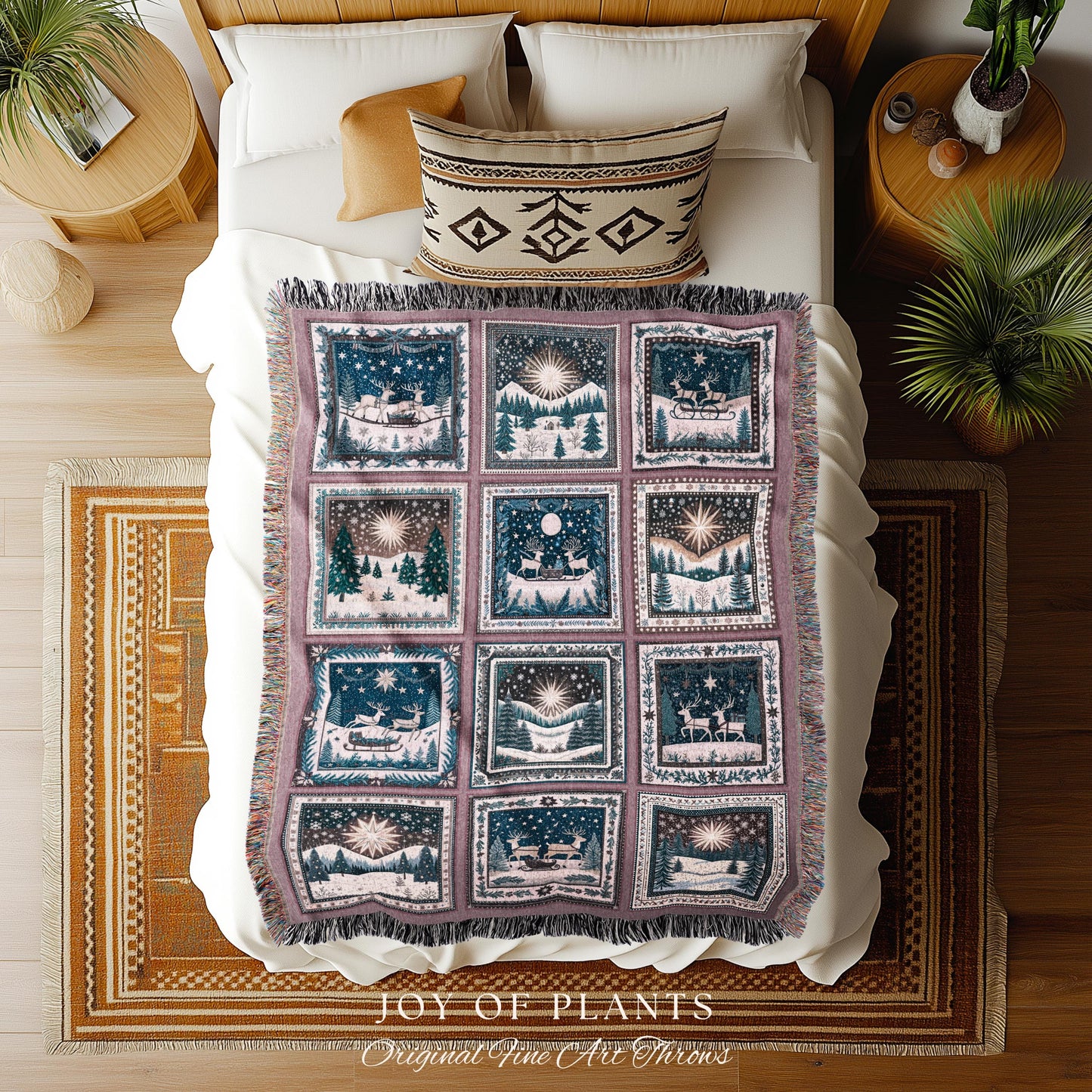 Elegant North Star Woven Blanket | Cottagecore Reindeer Holiday Home Decor Pastel Aesthetic Festive Throw Danish Winter Folklore Tapestry |