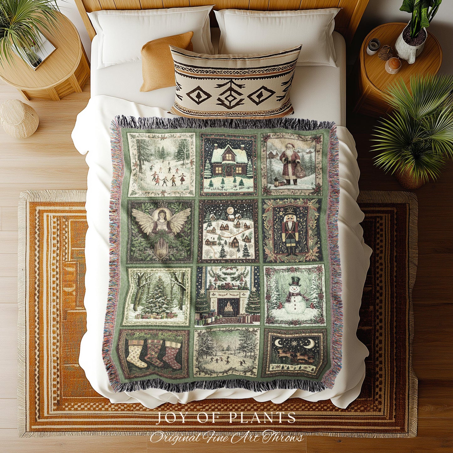 Folklore Xmas Retro Holiday Blanket | Retro Festive Nostalgic Christmas Charm Cozy Cottagecore Winter Wonderland Woven Tapestry Sage green |