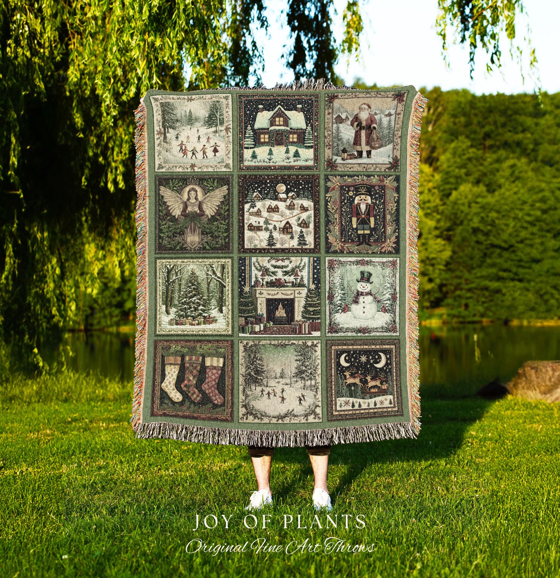 Folklore Xmas Retro Holiday Blanket | Retro Festive Nostalgic Christmas Charm Cozy Cottagecore Winter Wonderland Woven Tapestry Sage green |