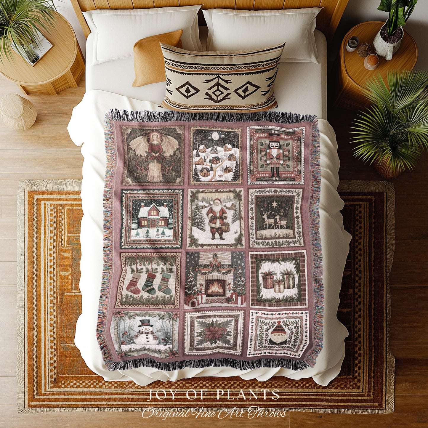 Enchanted Winter Rosy Throw Blanket | Nostalgic Scandinavian Yuletide Tapestry Vintage Christmas Cottagecore Festive Cozy Snowman Decor |