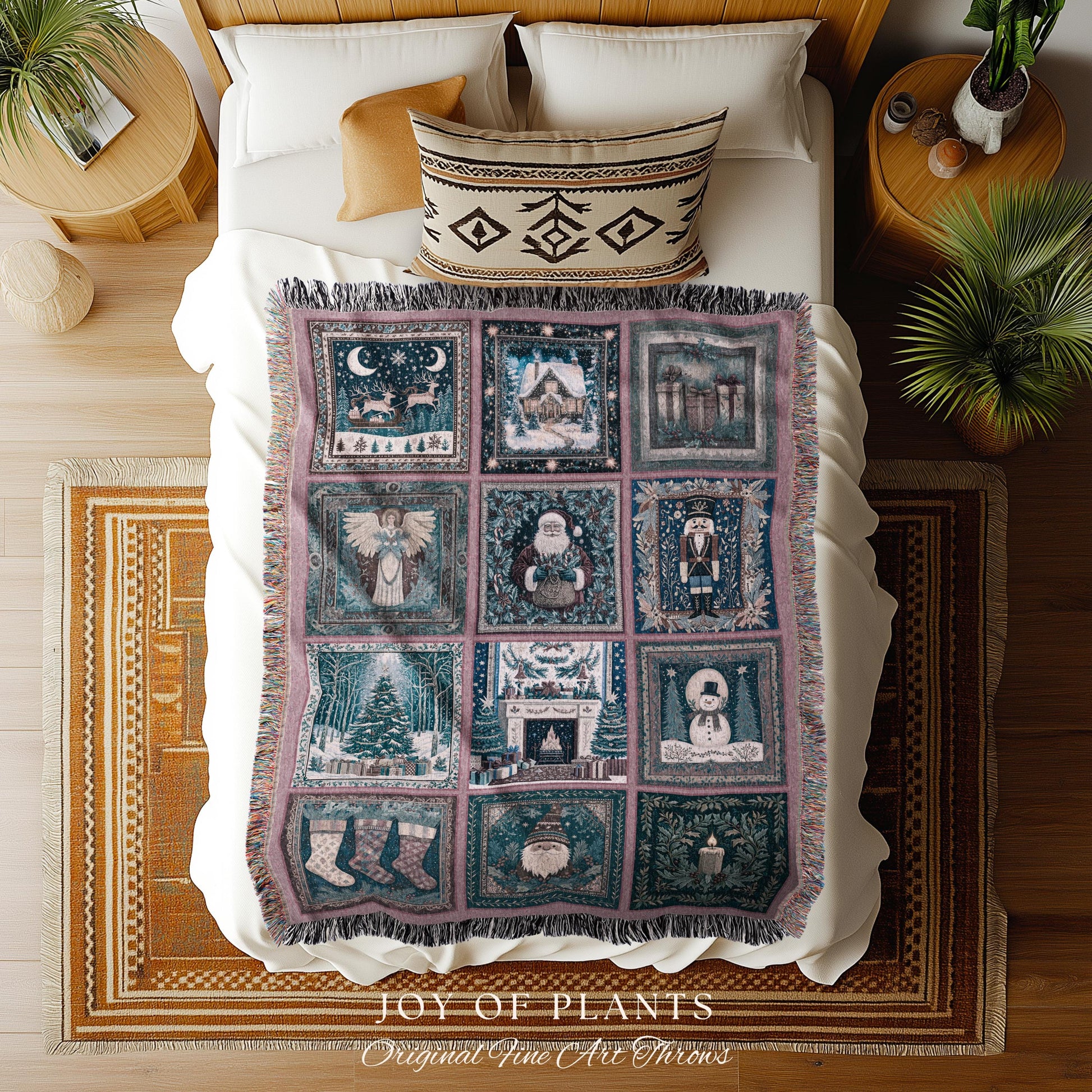 Snowy Winter Night Cozy Woven Throw | Pastel Cottagecore Patchwork Rustic Holiday Nostalgic Scandinavian Festive Yuletide Tapestry Blanket |