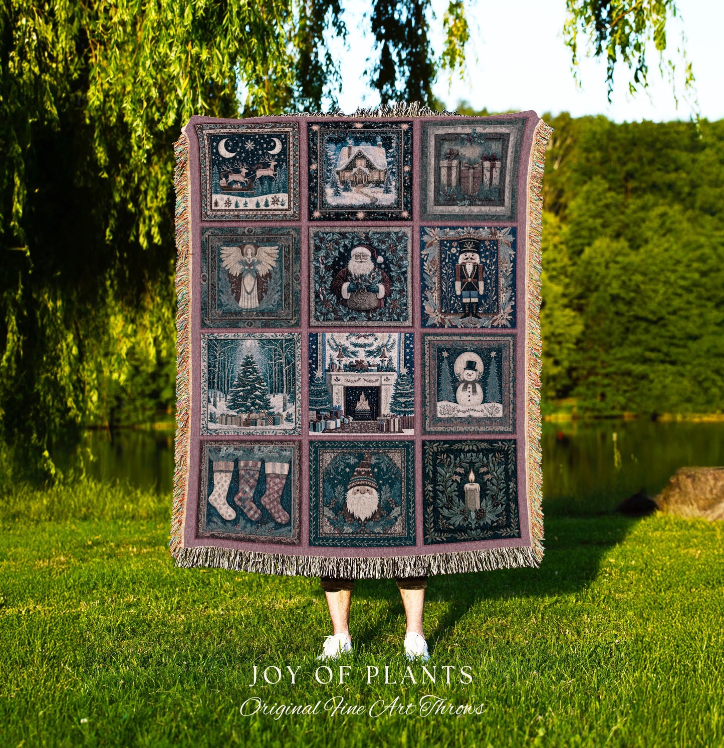 Snowy Winter Night Cozy Woven Throw | Pastel Cottagecore Patchwork Rustic Holiday Nostalgic Scandinavian Festive Yuletide Tapestry Blanket |