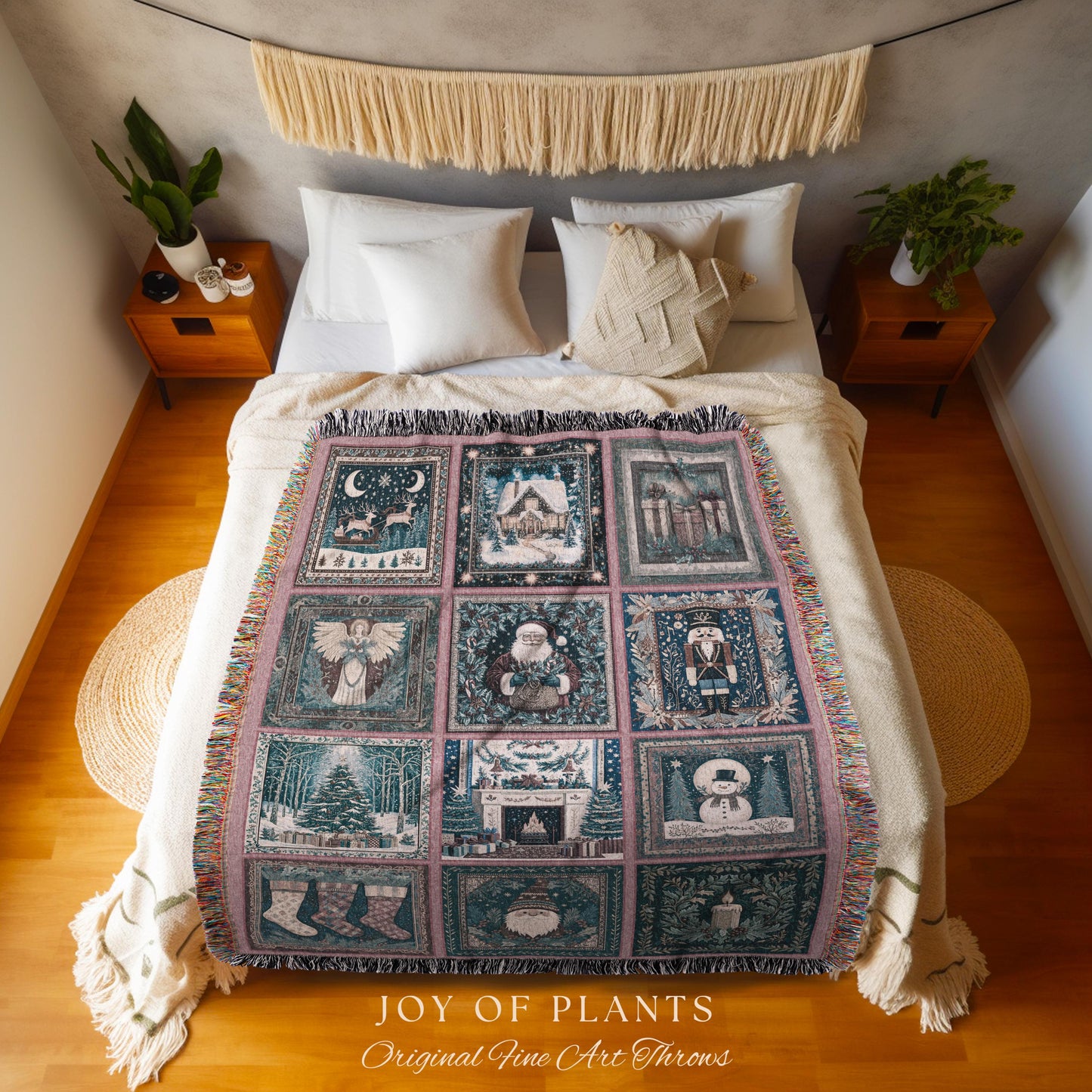 Snowy Winter Night Cozy Woven Throw | Pastel Cottagecore Patchwork Rustic Holiday Nostalgic Scandinavian Festive Yuletide Tapestry Blanket |