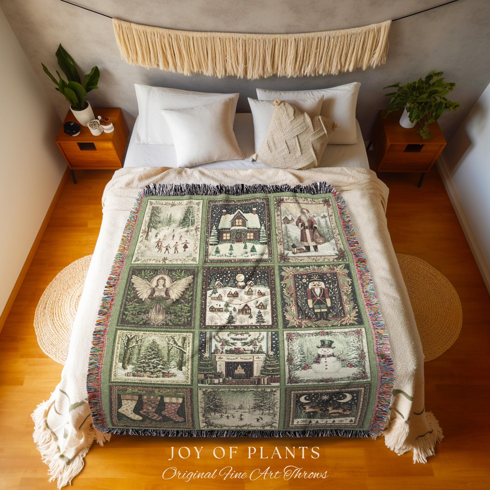 Folklore Xmas Retro Holiday Blanket | Retro Festive Nostalgic Christmas Charm Cozy Cottagecore Winter Wonderland Woven Tapestry Sage green |