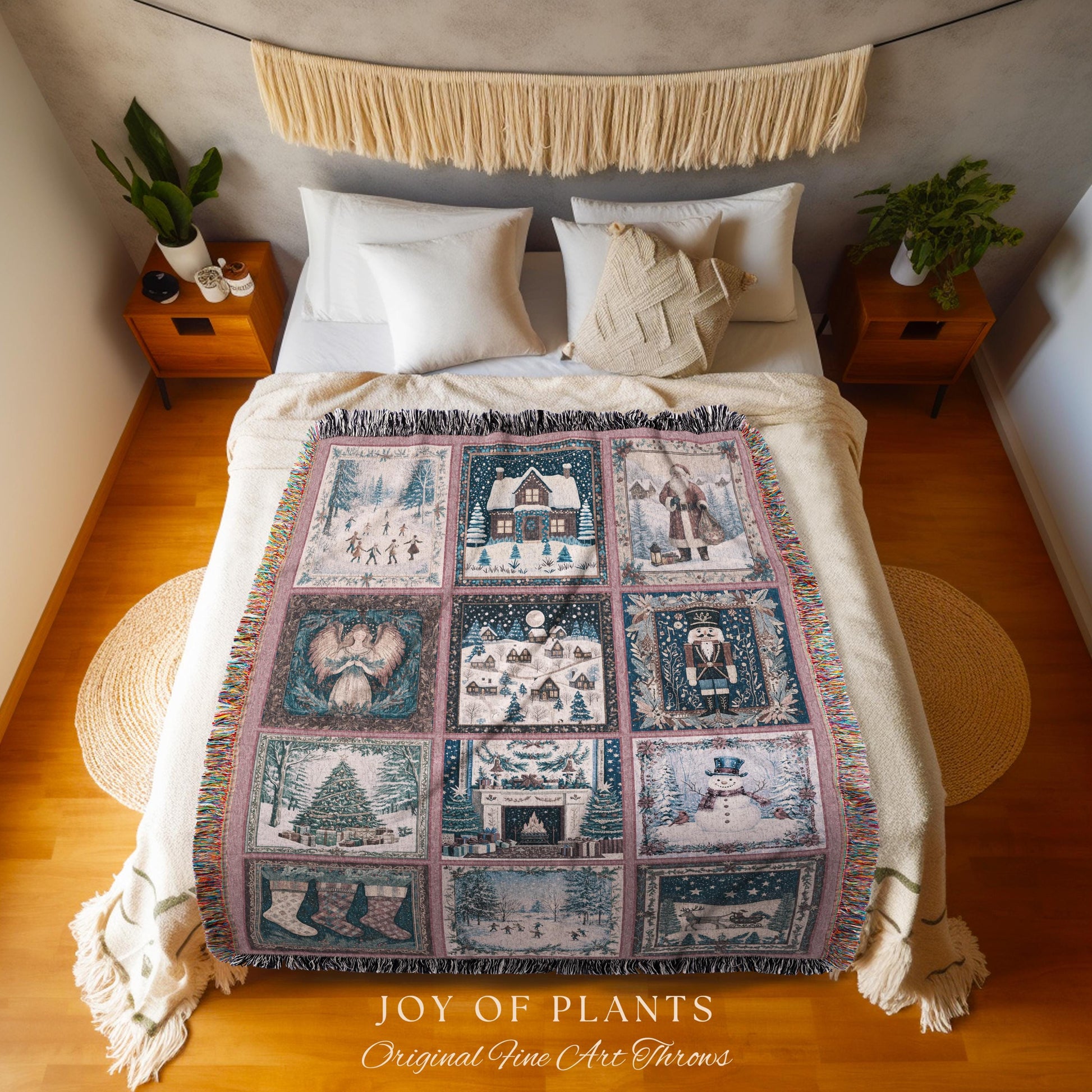 Holiday Magic Pastel Xmas Throw | Rustic Scandinavian Patchwork Whimsical Winter Wonderland Classic Christmas Cozy Vintage Tapestry Blanket