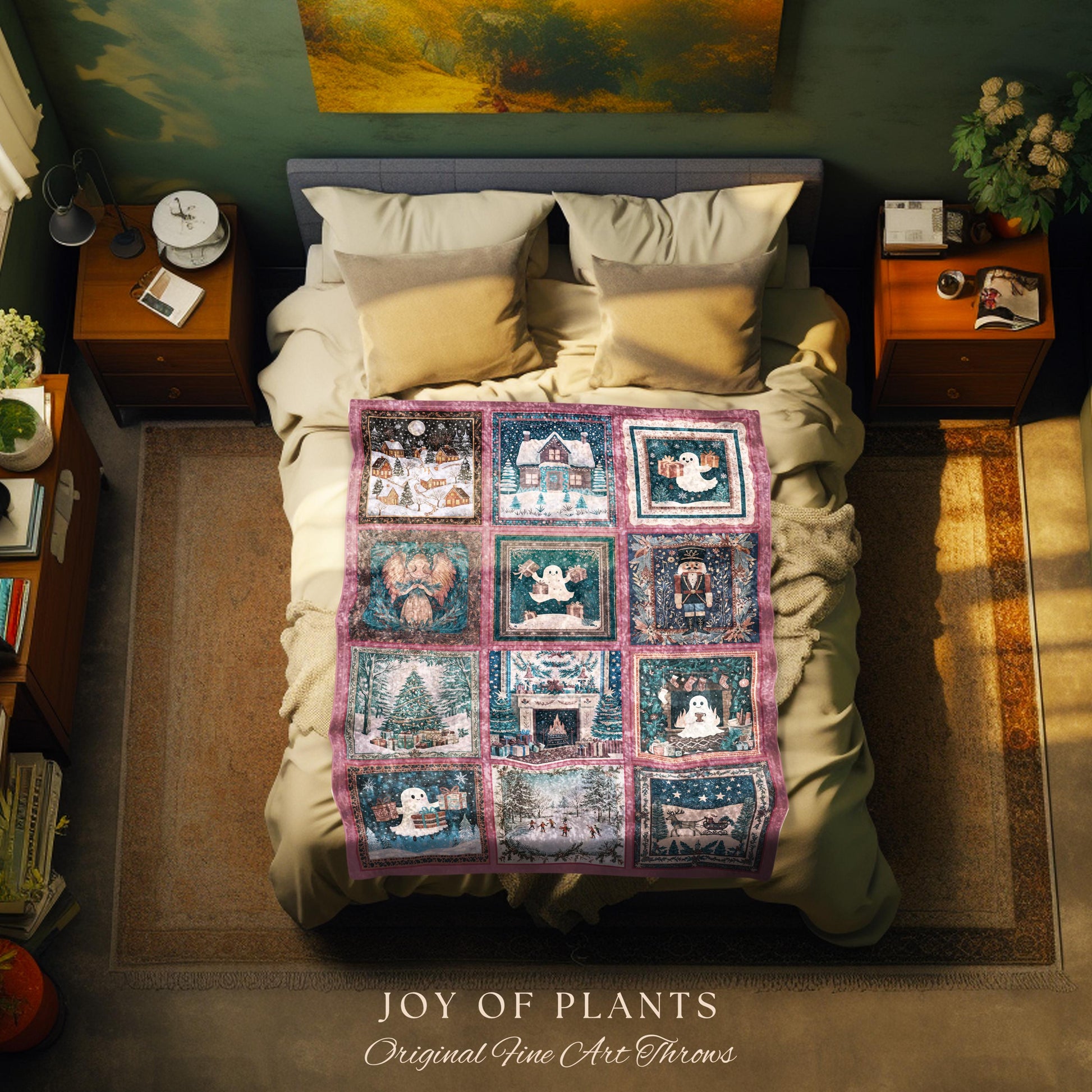 Holiday Boho Scandi Blanket | Spooky Christmas Ghost Throw Nostalgic Festive Home Decor Whimsical Xmas Tree Merry & Bright Pastel Aesthetic