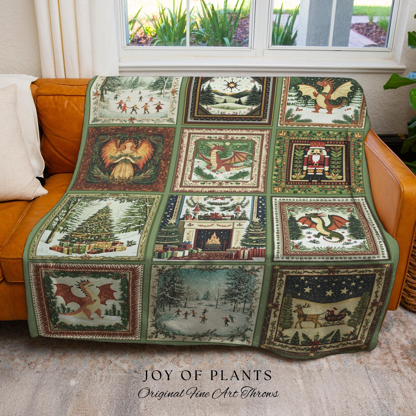 Enchanted Winter Dragon Xmas Tapestry | Cottagecore Festive Whimsical Woven Throw Blanket Cozy Boho Olive Green Seasonal Holiday Decor Gift