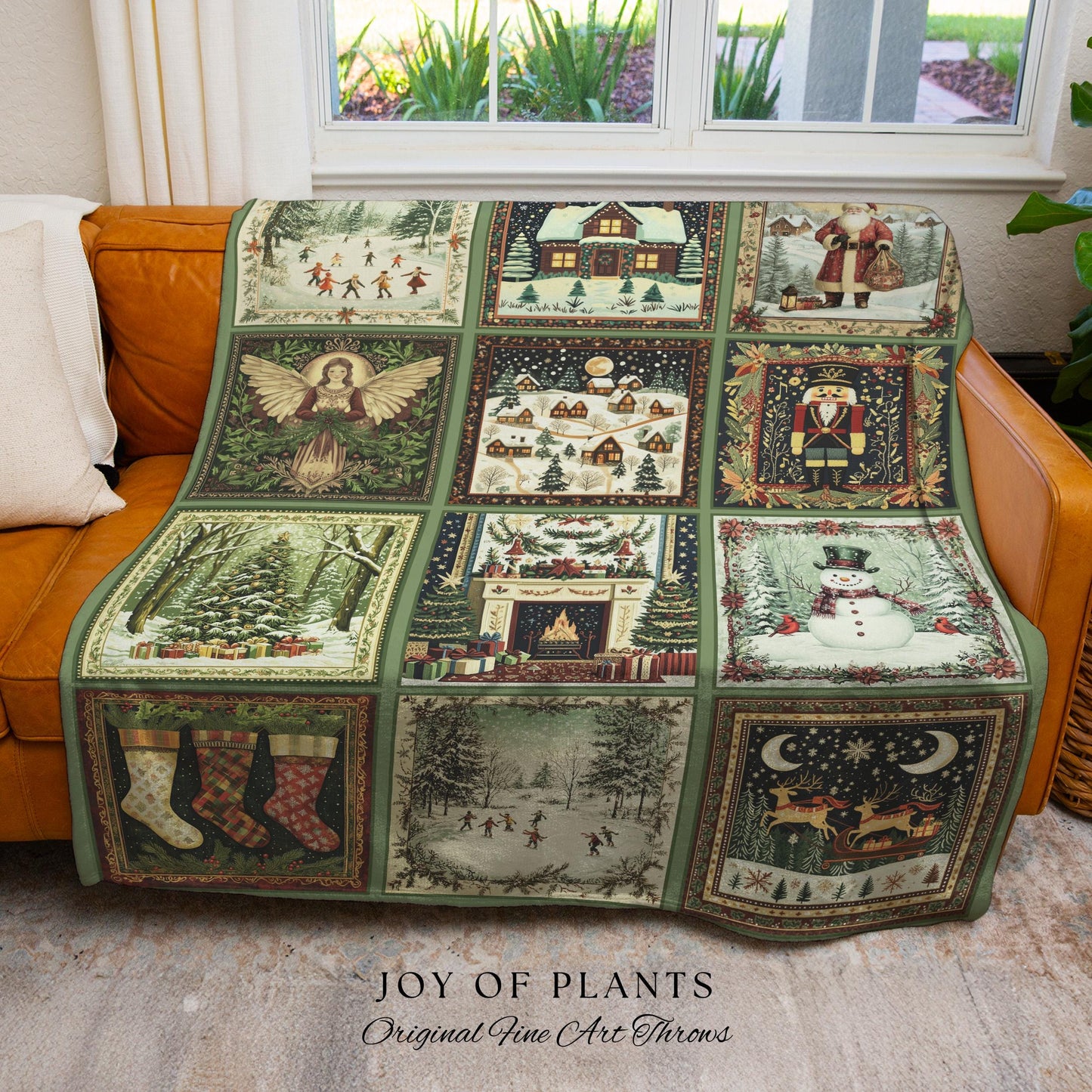 Folklore Xmas Retro Holiday Blanket | Retro Festive Nostalgic Christmas Charm Cozy Cottagecore Winter Wonderland Woven Tapestry Sage green |