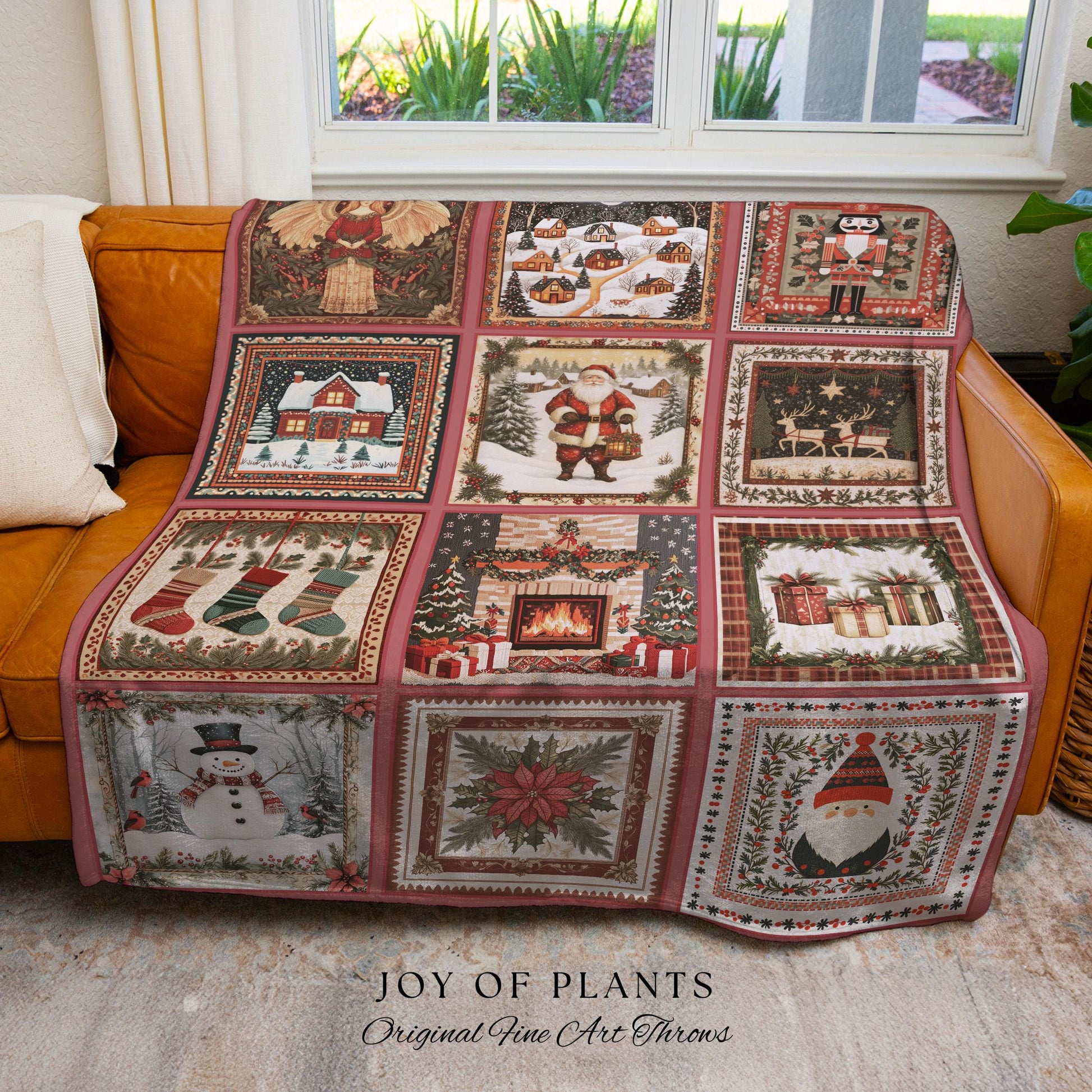 Enchanted Winter Rosy Throw Blanket | Nostalgic Scandinavian Yuletide Tapestry Vintage Christmas Cottagecore Festive Cozy Snowman Decor |