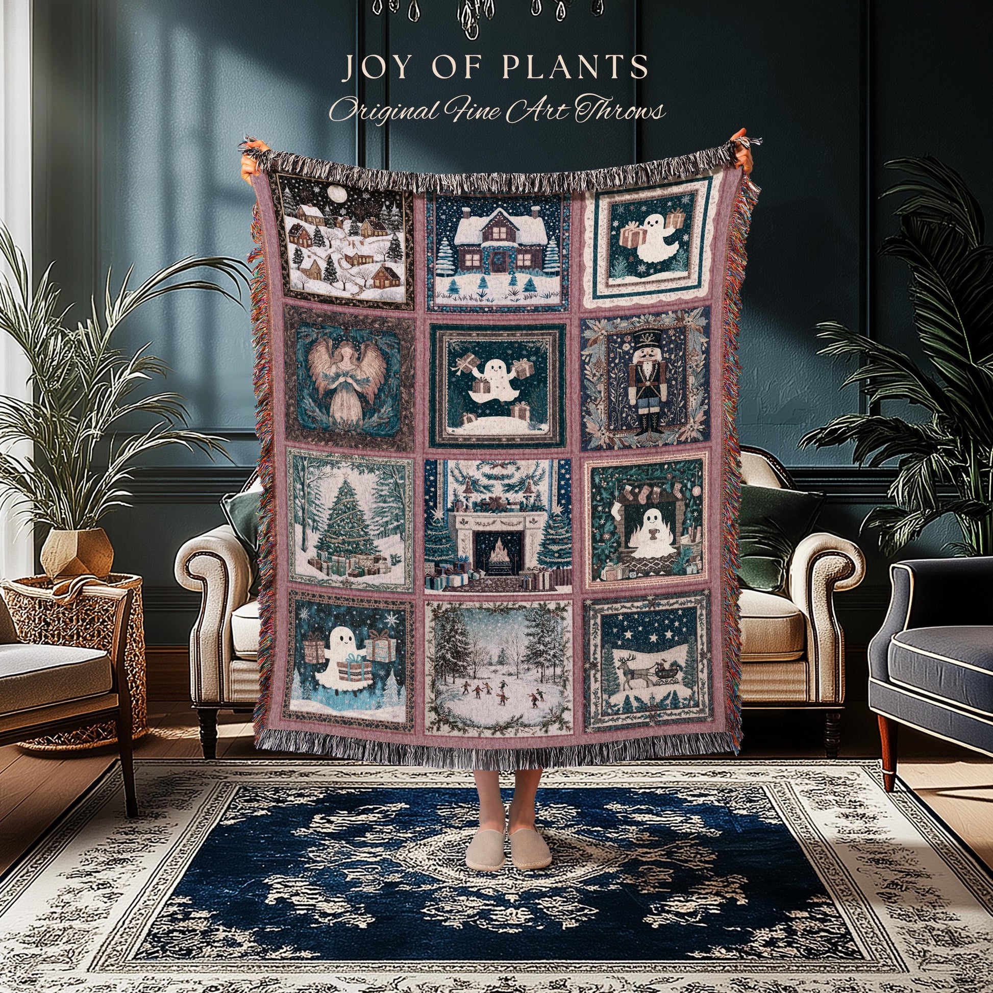 Holiday Boho Scandi Blanket | Spooky Christmas Ghost Throw Nostalgic Festive Home Decor Whimsical Xmas Tree Merry & Bright Pastel Aesthetic