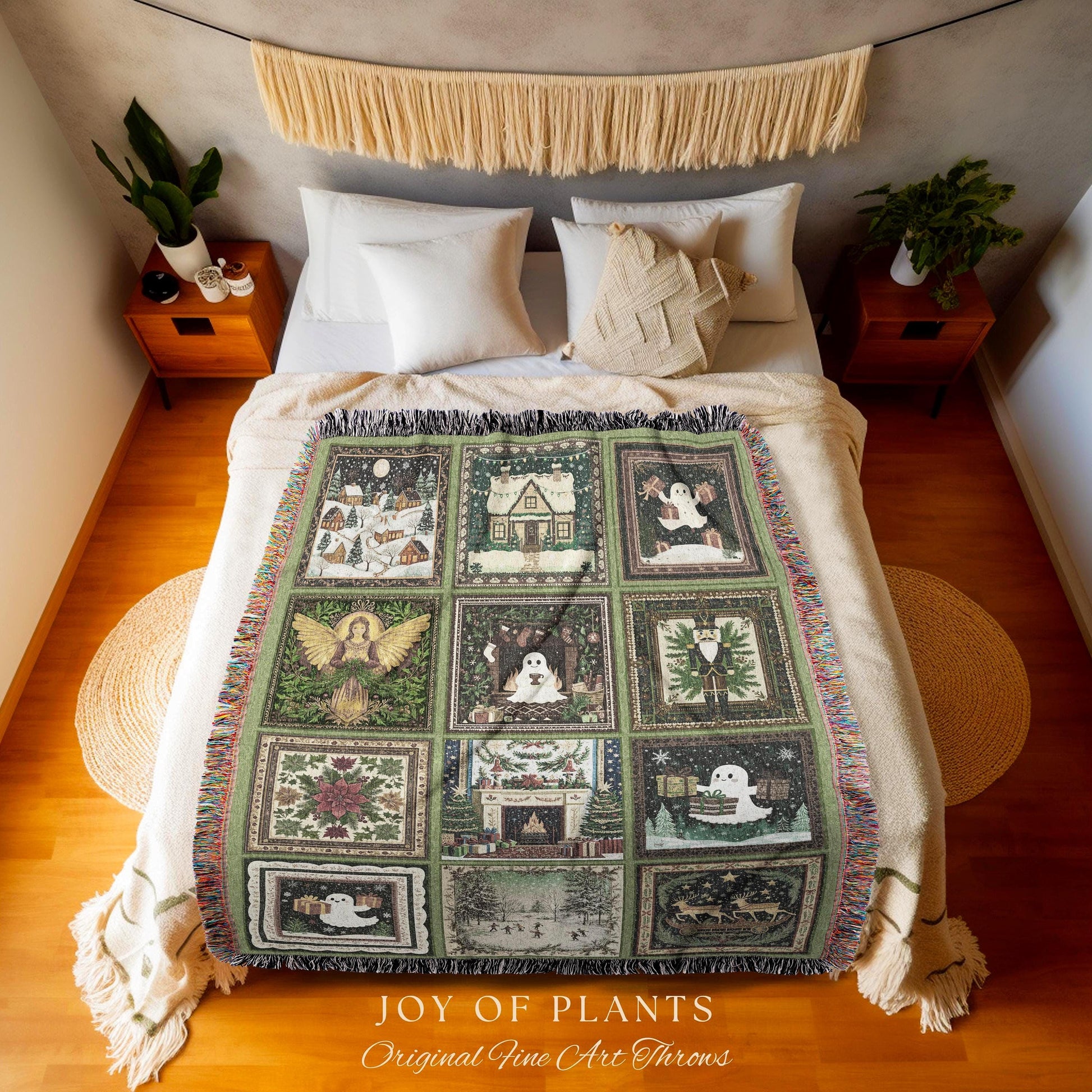 Whimsical Christmas Ghost Throw | Cozy Blanket Making Spirits Bright Retro Holiday Home Aesthetic Olive Green Scandi Boho Witchy Nostalgia |