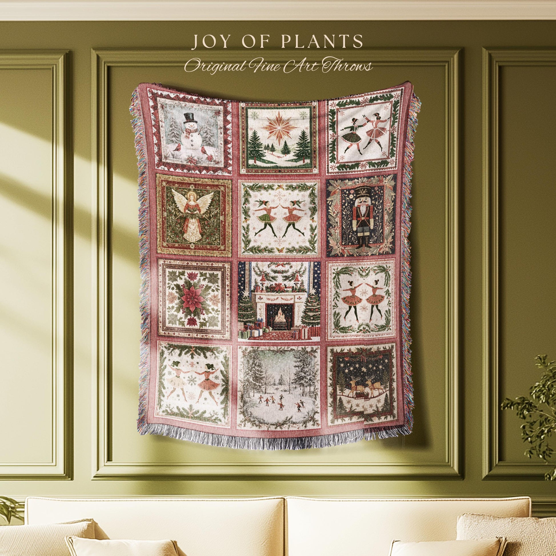 Rosy Winter Ballerinas Xmas Throw | Whimsical Cottagecore Boho Nordic Winter Festive Sugarplum Fairy Holiday Cozy Nostalgic Nutcracker Decor