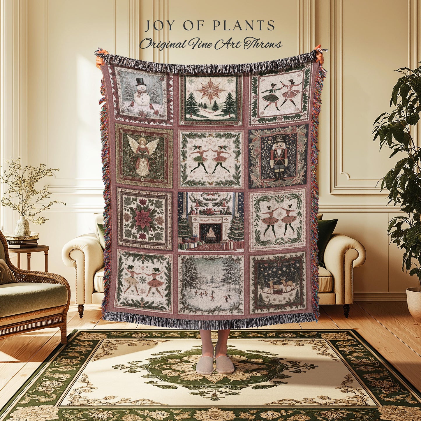 Rosy Winter Ballerinas Xmas Throw | Whimsical Cottagecore Boho Nordic Winter Festive Sugarplum Fairy Holiday Cozy Nostalgic Nutcracker Decor