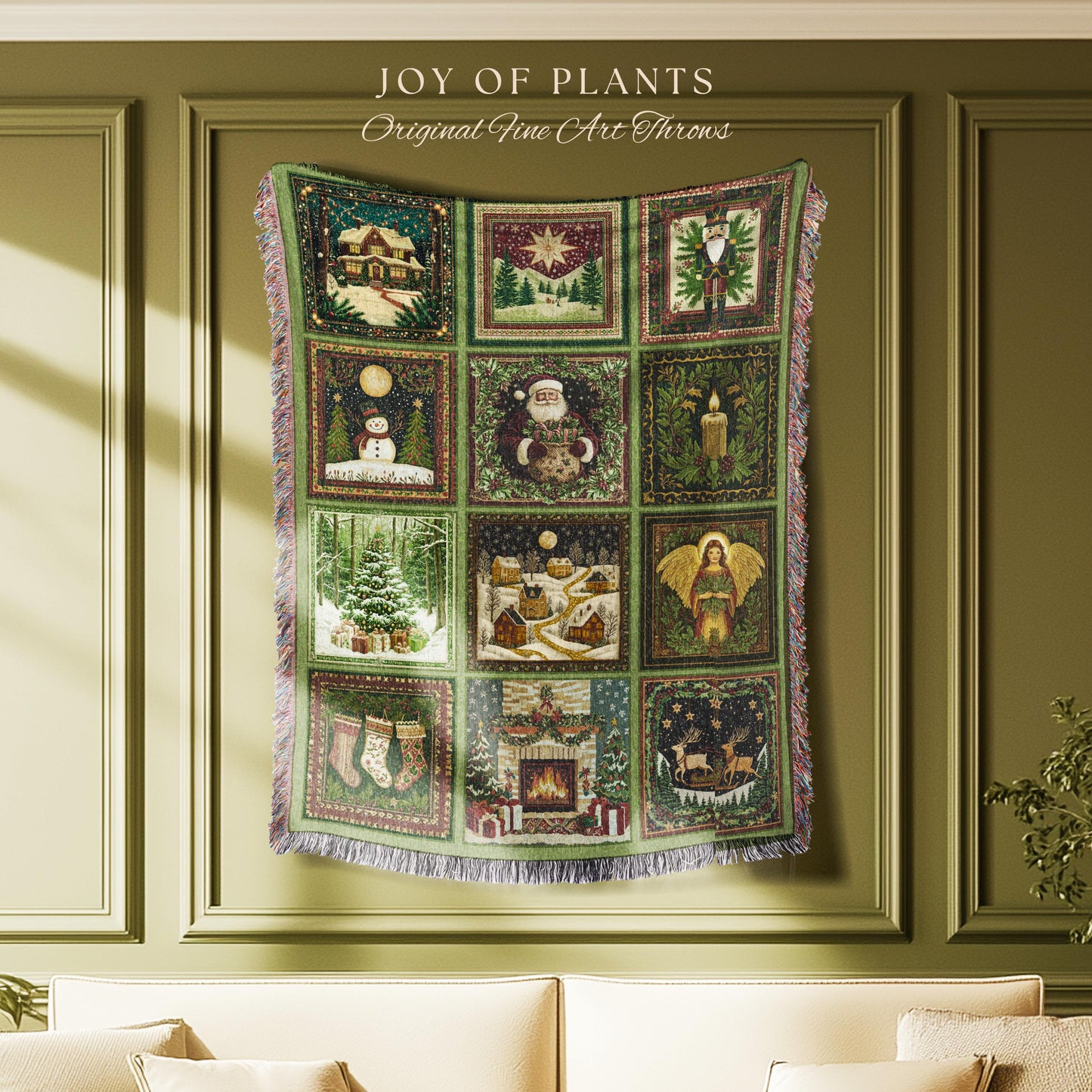 Whimsical Holiday Style Throw Blanket | Sage Green North Star Nostalgia Christmas Woven Tapestry Festive Winter Wonderland Santa Claus Decor