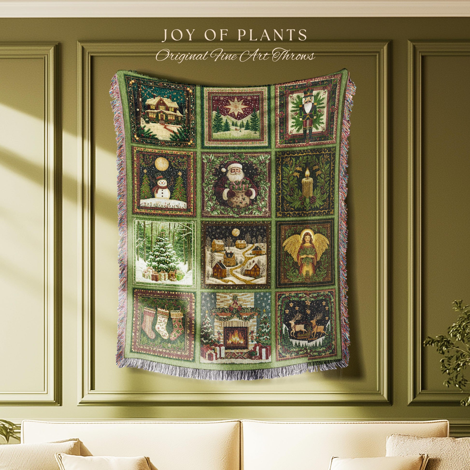 Whimsical Holiday Style Throw Blanket | Sage Green North Star Nostalgia Christmas Woven Tapestry Festive Winter Wonderland Santa Claus Decor