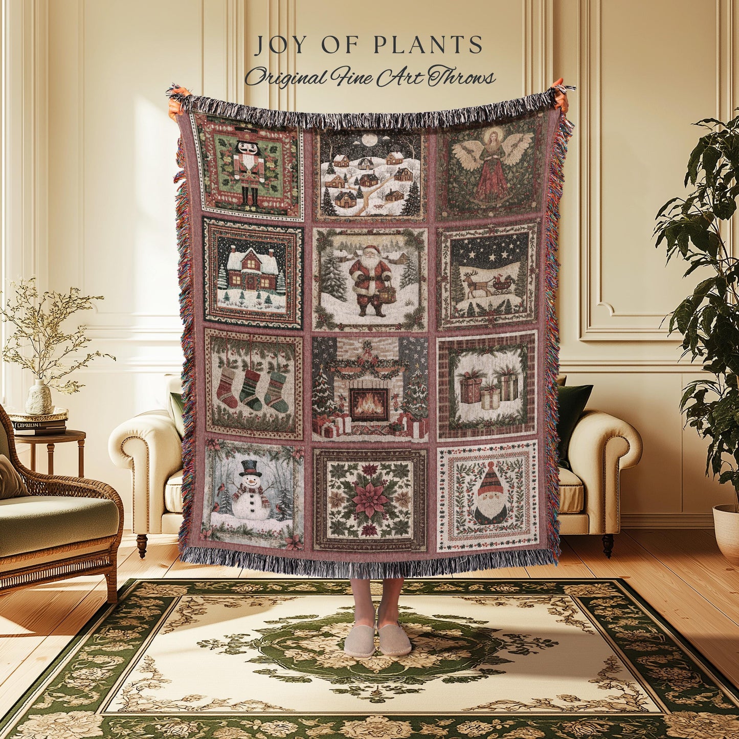 Scandi Aesthetic Christmas Blanket | Vintage Festive Xmas Patchwork Cozy Nostalgic Scandinavian Woven Tapestry Throw Whimsical Winter Style