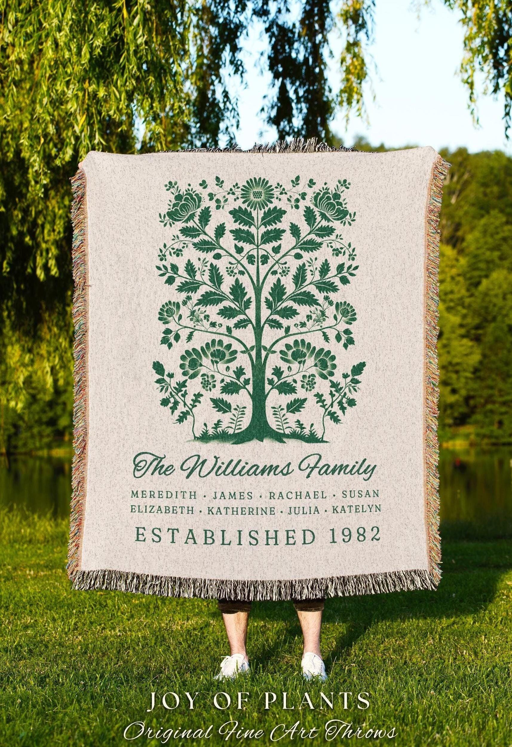Retro Personalized Family Tree Blanket with Names Rustic Farmhouse Art Decor | Thoughtful Gift for Grandparents Custom Woven Tapestry Throw