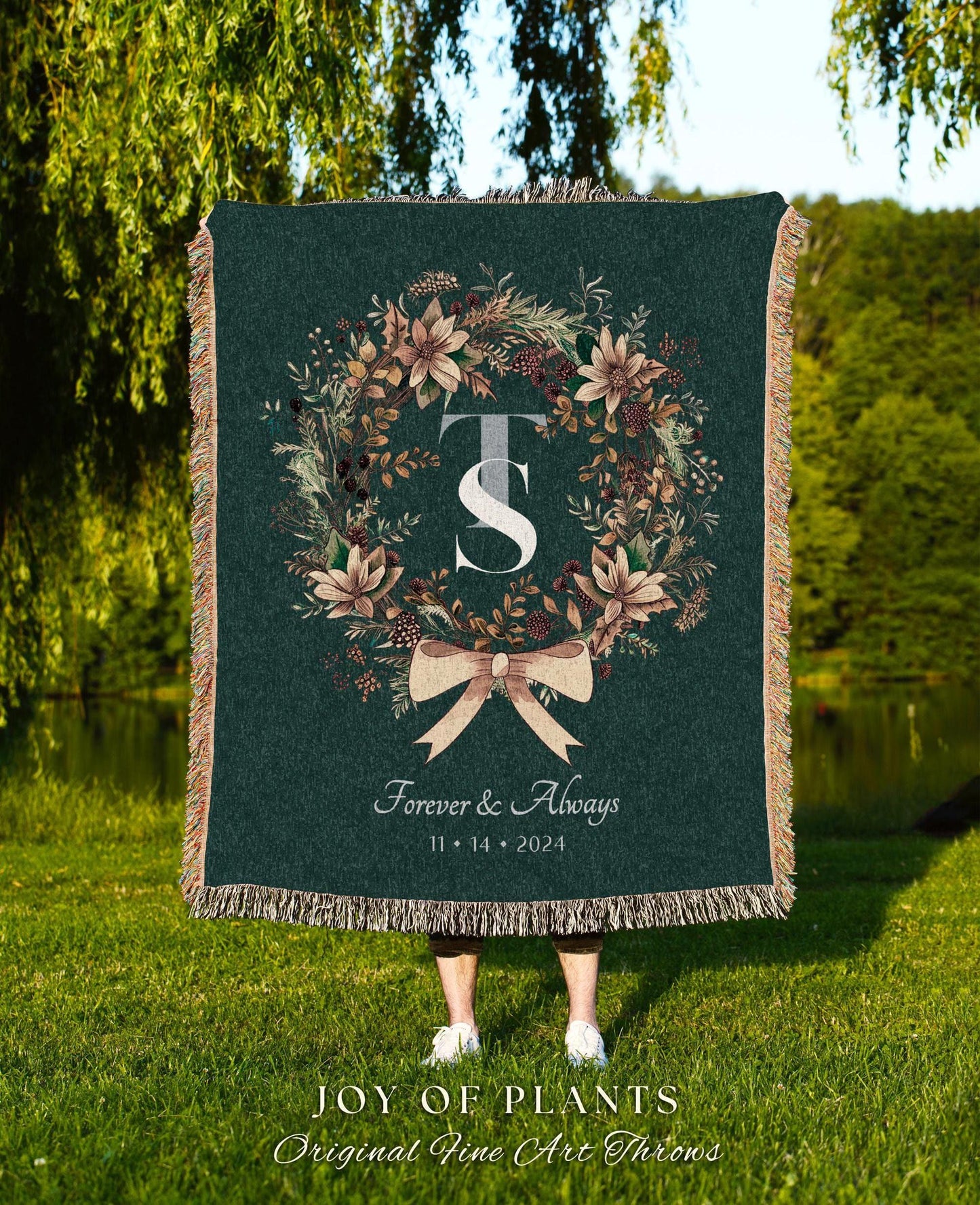 Couples Initials Anniversary Blanket | Personalized His and Hers Woven Tapestry Custom Wedding Monogram Sentimental Keepsake Wreath Blanket