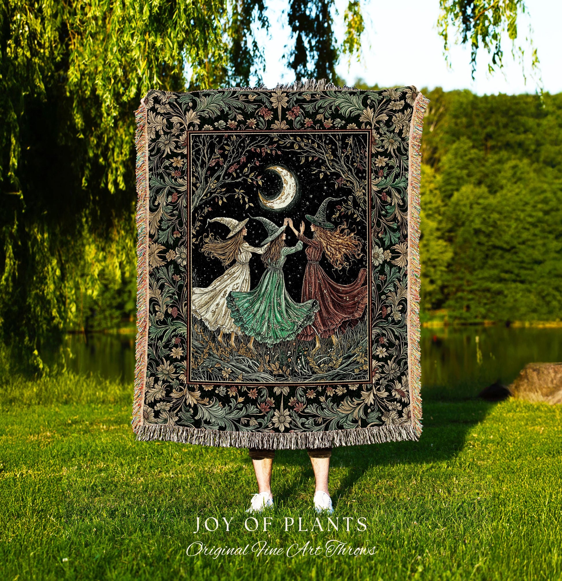 Wiccan Folklore Witch Tapestry Blanket | Sorceress Sisters Mystic Academia Cozy Wiccan Woven Throw Mystic Aesthetic Gothic Elegant Halloween