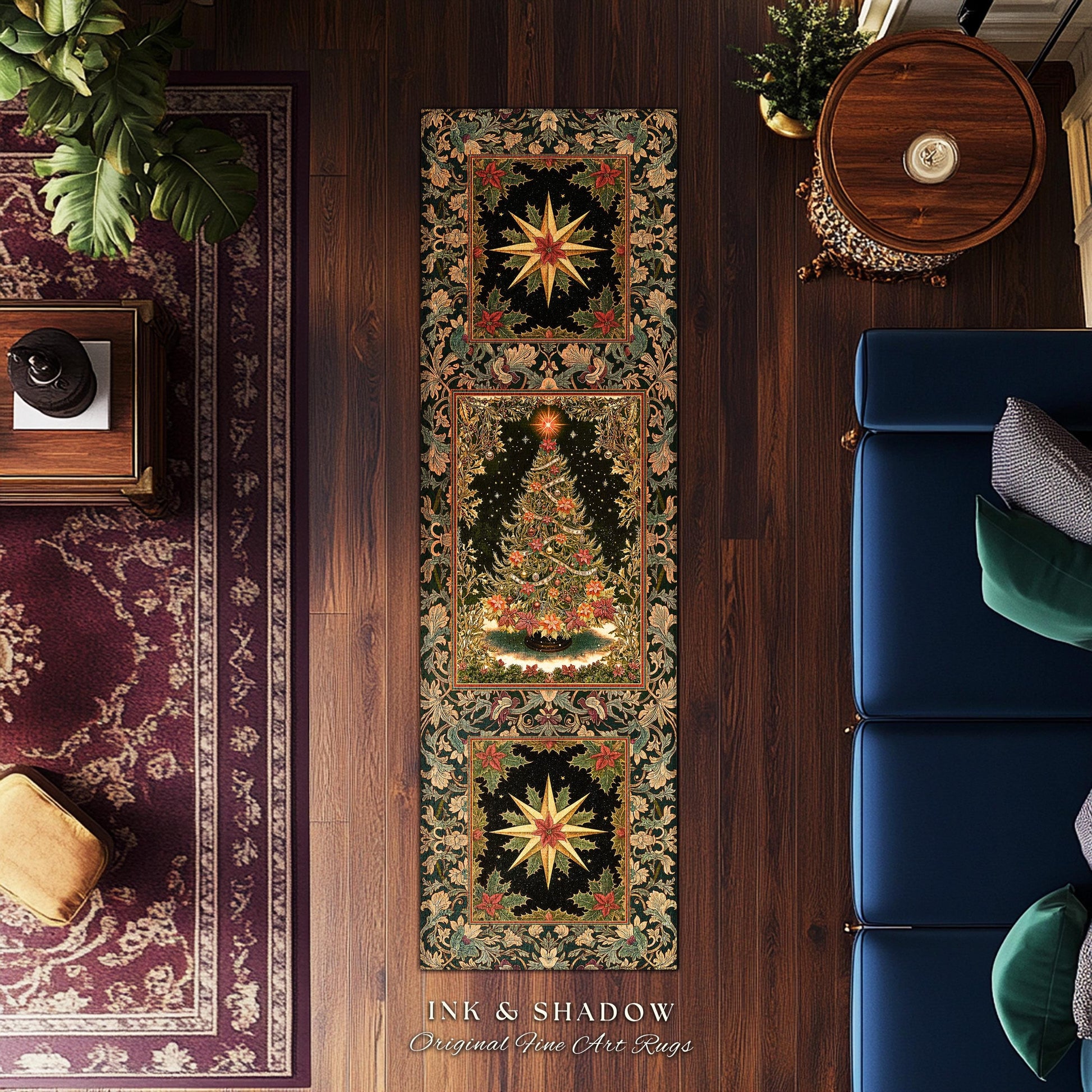 Regal Christmas Tree Poinsettia Rug | Vintage Xmas Home Decor Accent Cozy Winter Decor Festive Cottagecore Throw Rustic Holiday Traditional