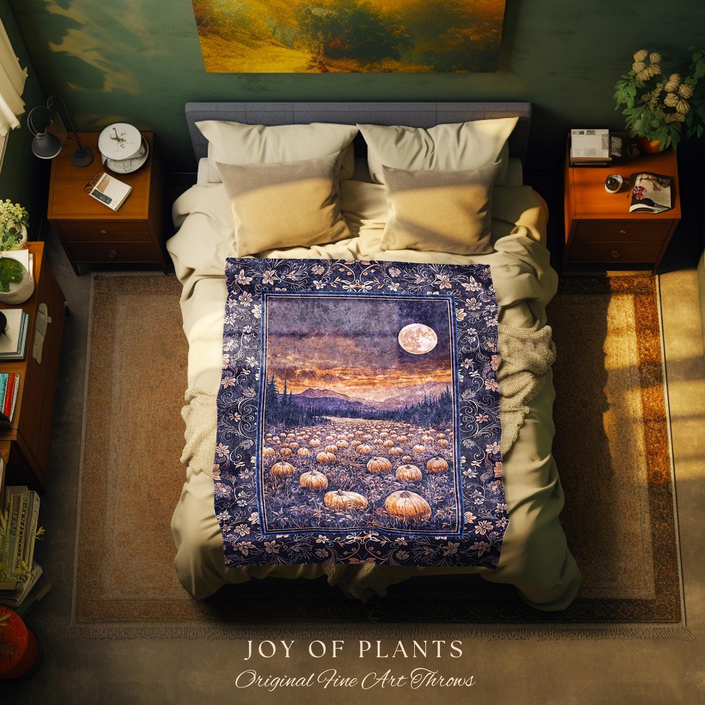 Midnight Purple Moonlit Autumn Blanket | Cozy Pumpkin Tapestry Rustic Halloween Aesthetic Whimsigoth Dark Academia Fall Vibes Witchy Accent