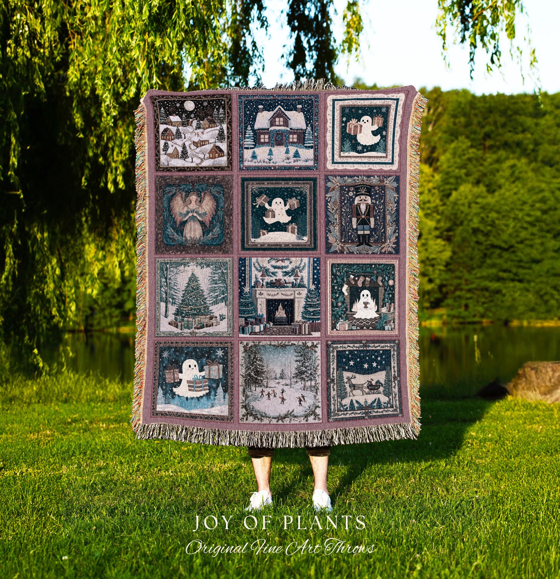 Holiday Boho Scandi Blanket | Spooky Christmas Ghost Throw Nostalgic Festive Home Decor Whimsical Xmas Tree Merry & Bright Pastel Aesthetic