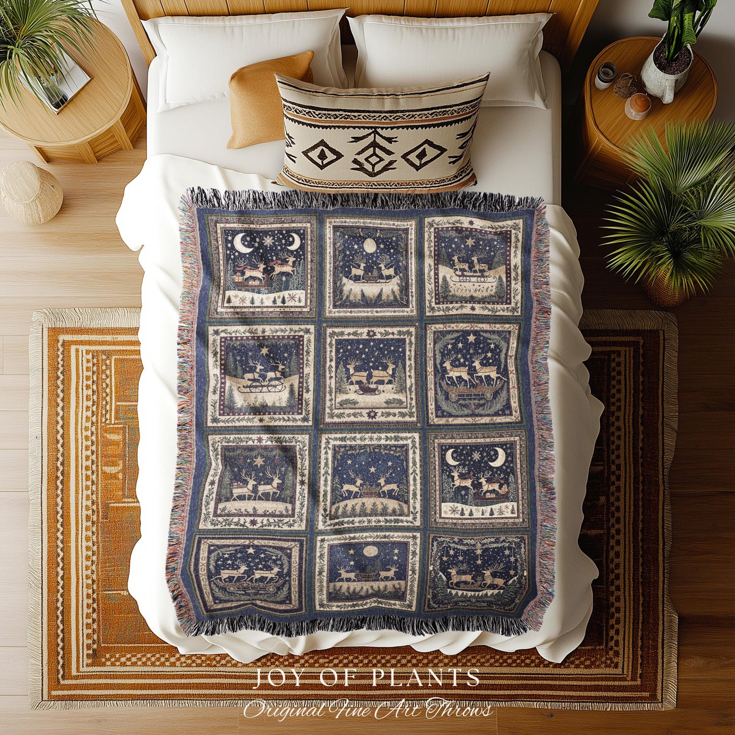 Retro Xmas Reindeer Cozy Throw | Nostalgic Holiday Aesthetic Christmas Cottagecore Rustic Festive Home Decor Scandi Couch Blanket Cute Boho