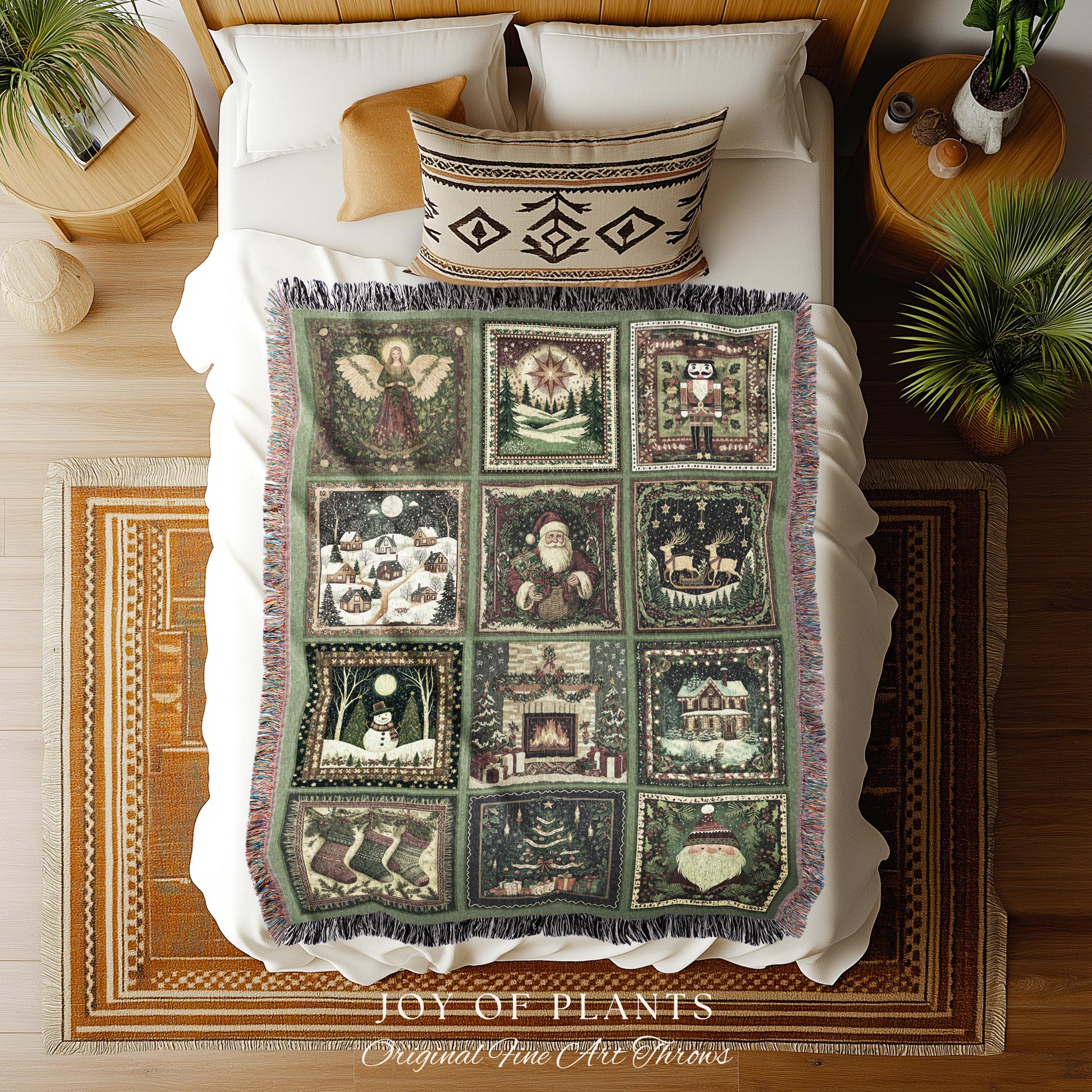 Cute Holiday Wonderland Throw Blanket | Nostalgic Whimsical Scandinavian Festive Christmas Cottagecore Retro Yuletide Winter Woven Tapestry