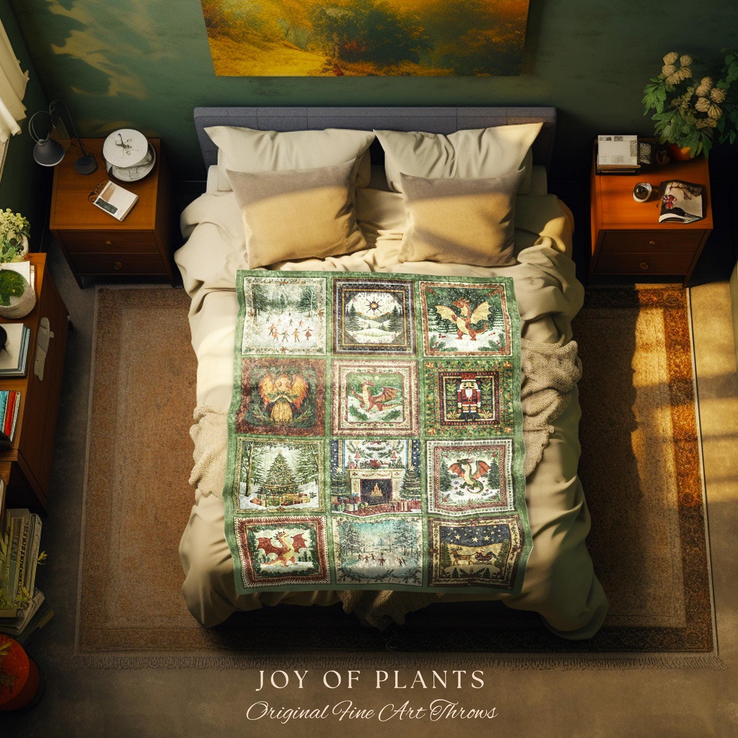 Enchanted Winter Dragon Xmas Tapestry | Cottagecore Festive Whimsical Woven Throw Blanket Cozy Boho Olive Green Seasonal Holiday Decor Gift