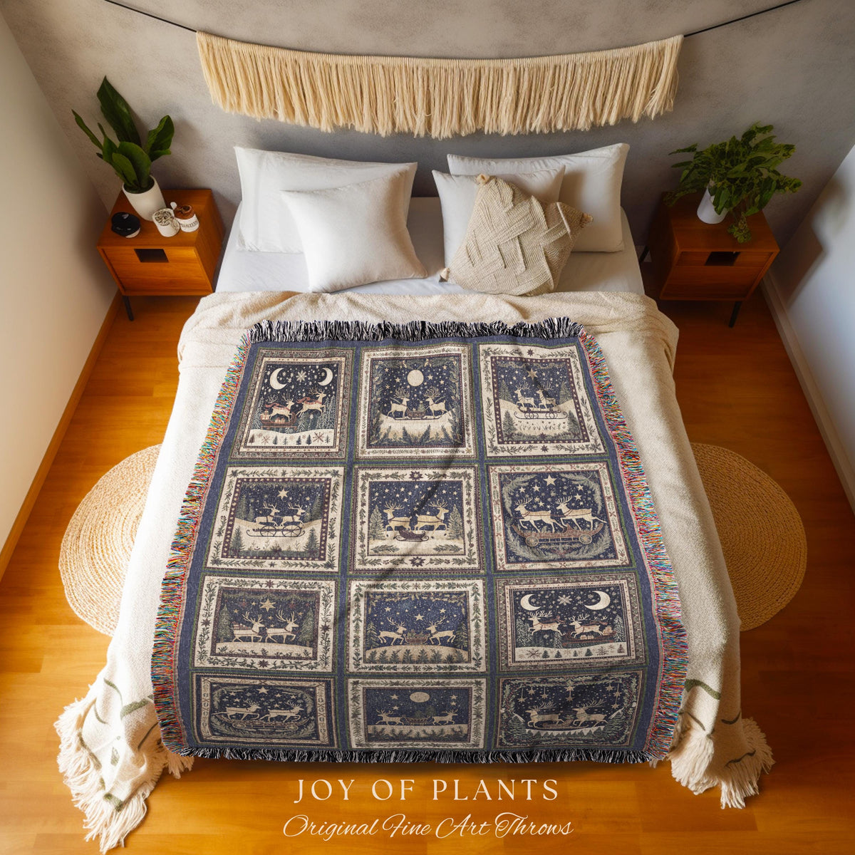 Retro Xmas Reindeer Cozy Throw | Nostalgic Holiday Aesthetic Christmas Cottagecore Rustic Festive Home Decor Scandi Couch Blanket Cute Boho