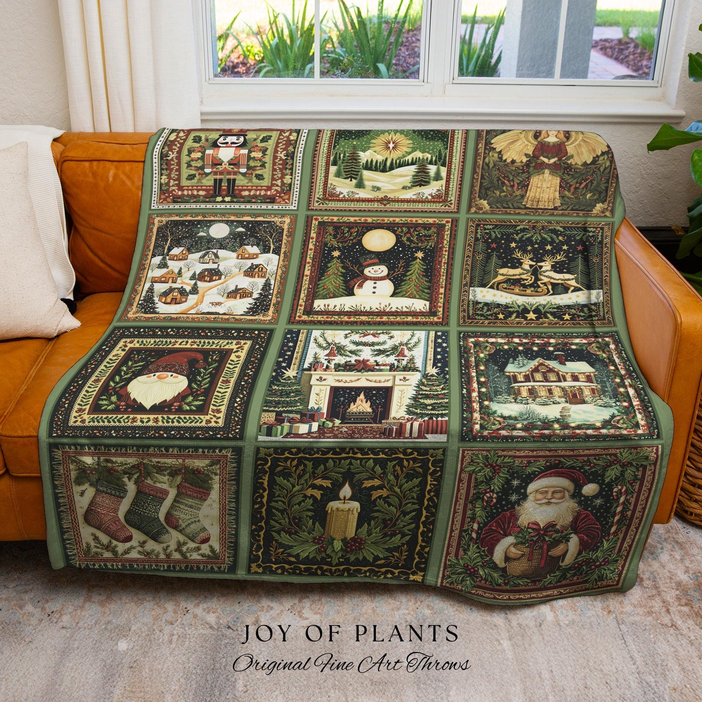 Family Keepsake Christmas Blanket Cozy | Whimsical Holiday Festive Patchwork Style Nostalgic Winter Yuletide Woven Tapestry Throw Sage Green