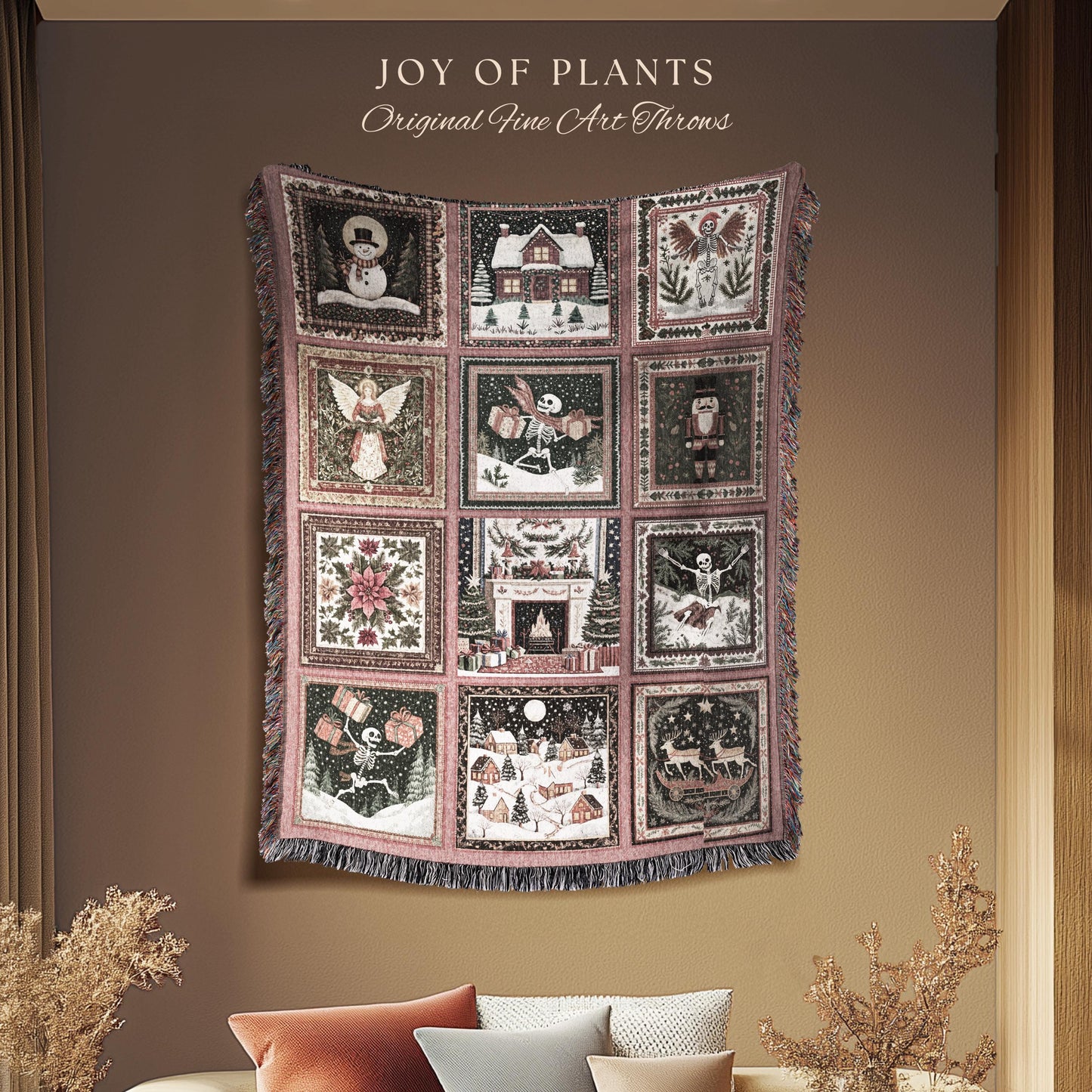 Pastel Christmas Cute Throw Blanket | Nostalgic Festive Skeleton Home Decor Scandinavian Aesthetic Boho Witchy Holiday Patchwork Tapestry |