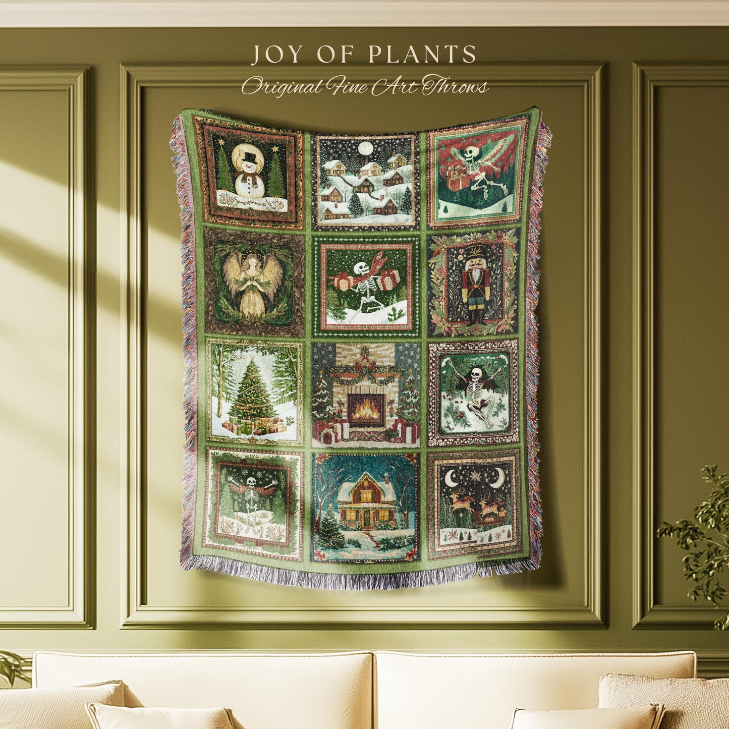 Cute Christmas Patchwork Blanket | Spooky Nostalgic Skeleton Throw Scandinavian Woven Tapestry Poinsettia Holiday Xmas Home Decor Witchy |