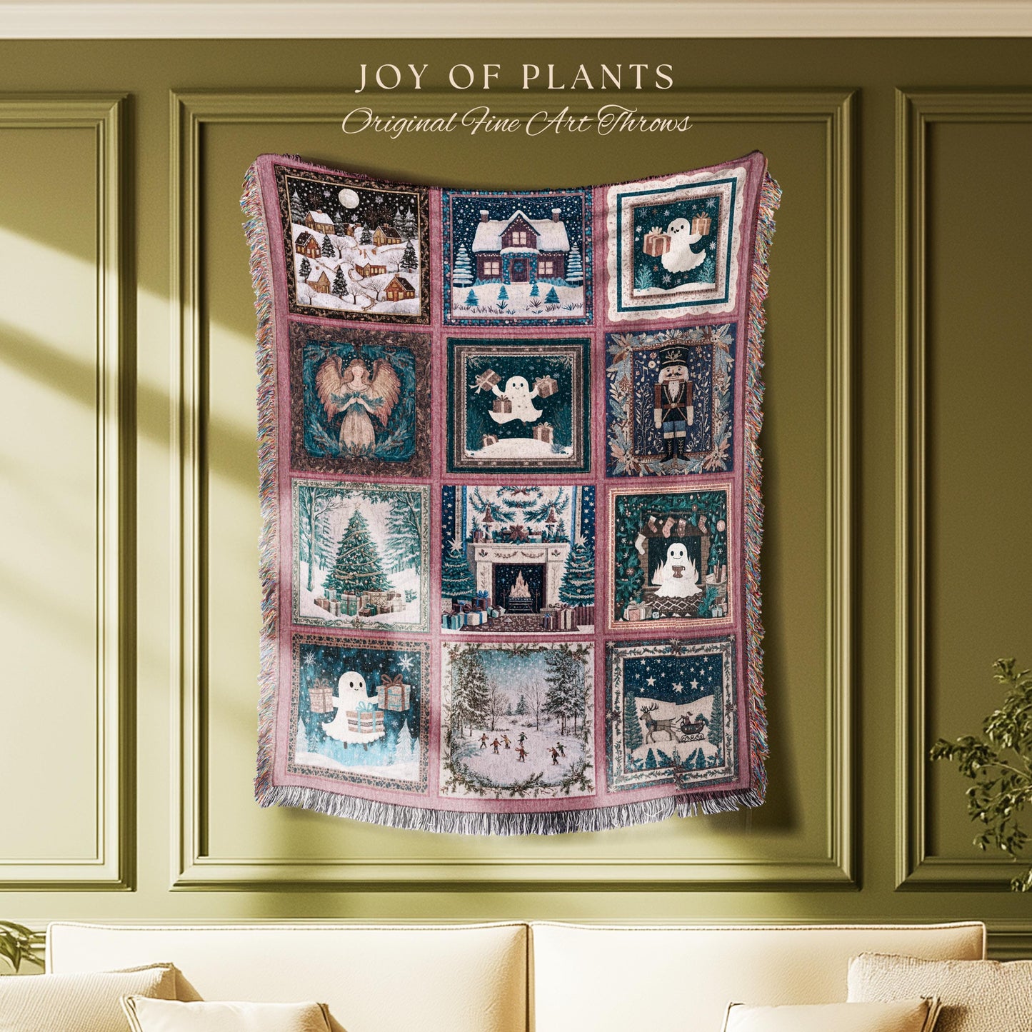 Holiday Boho Scandi Blanket | Spooky Christmas Ghost Throw Nostalgic Festive Home Decor Whimsical Xmas Tree Merry & Bright Pastel Aesthetic