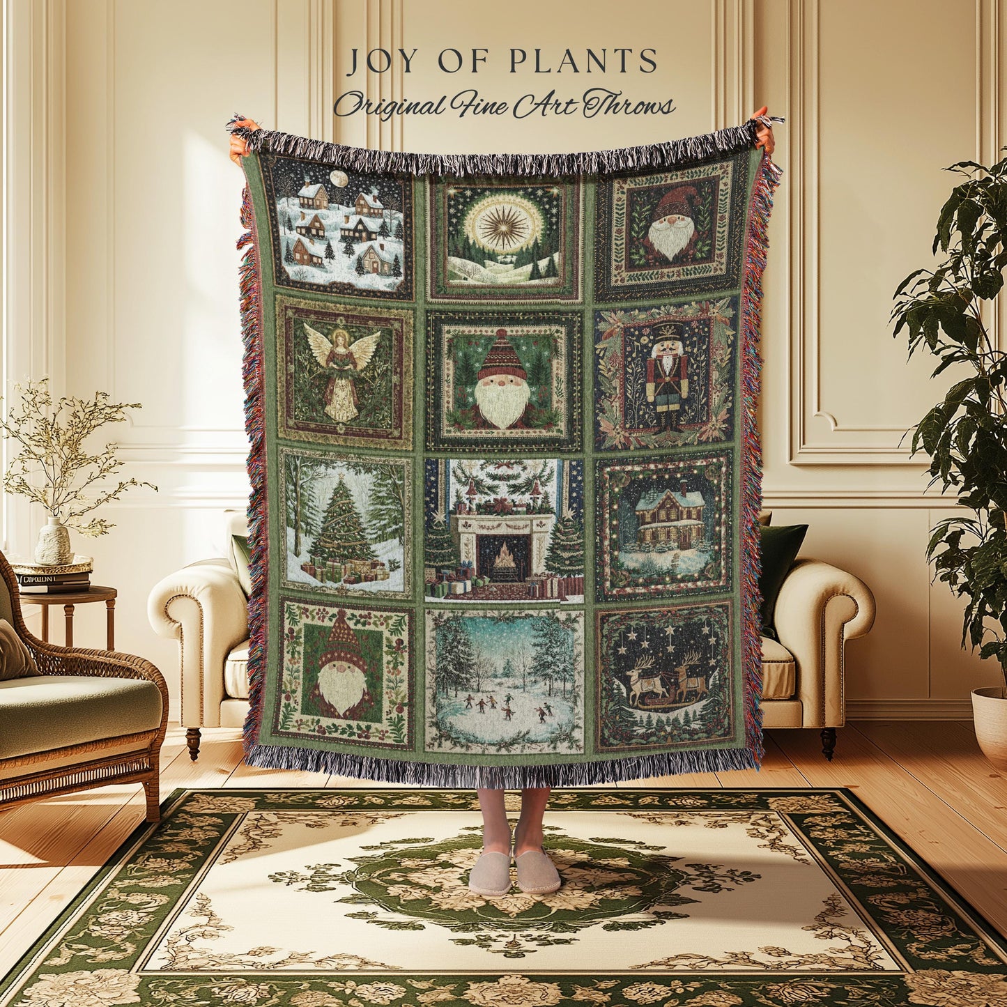 Sage Green Boho Xmas Throw | Woven Winter Wonderland Scandi Christmas Retro Christmas Tree Blanket Merry & Bright Whimsical Yuletide Gift |