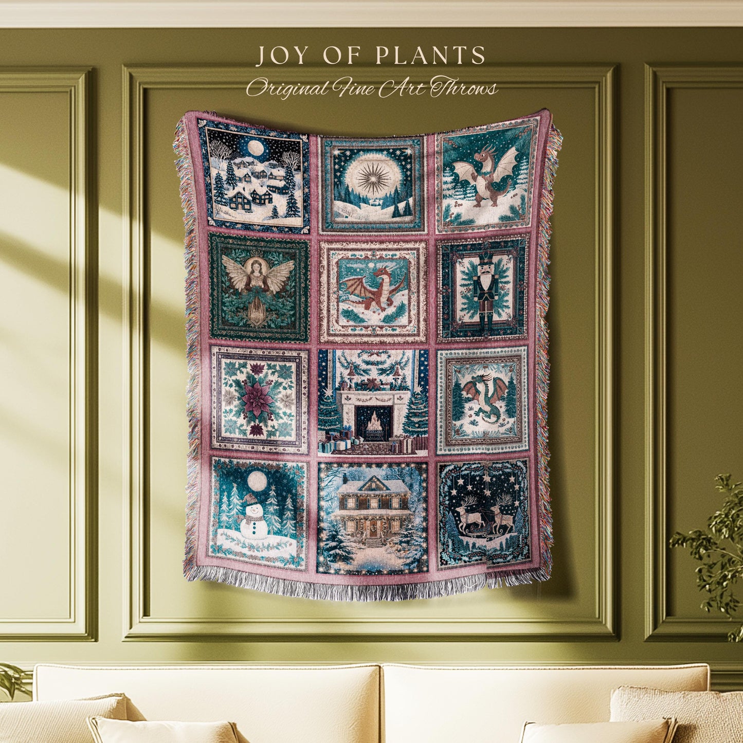 Cozy Dragon Winter Holiday Blanket | Whimsigoth Christmas Decor Cute Eclectic Boho Woven Tapestry Cottagecore Seasonal Nostalgic Accent |