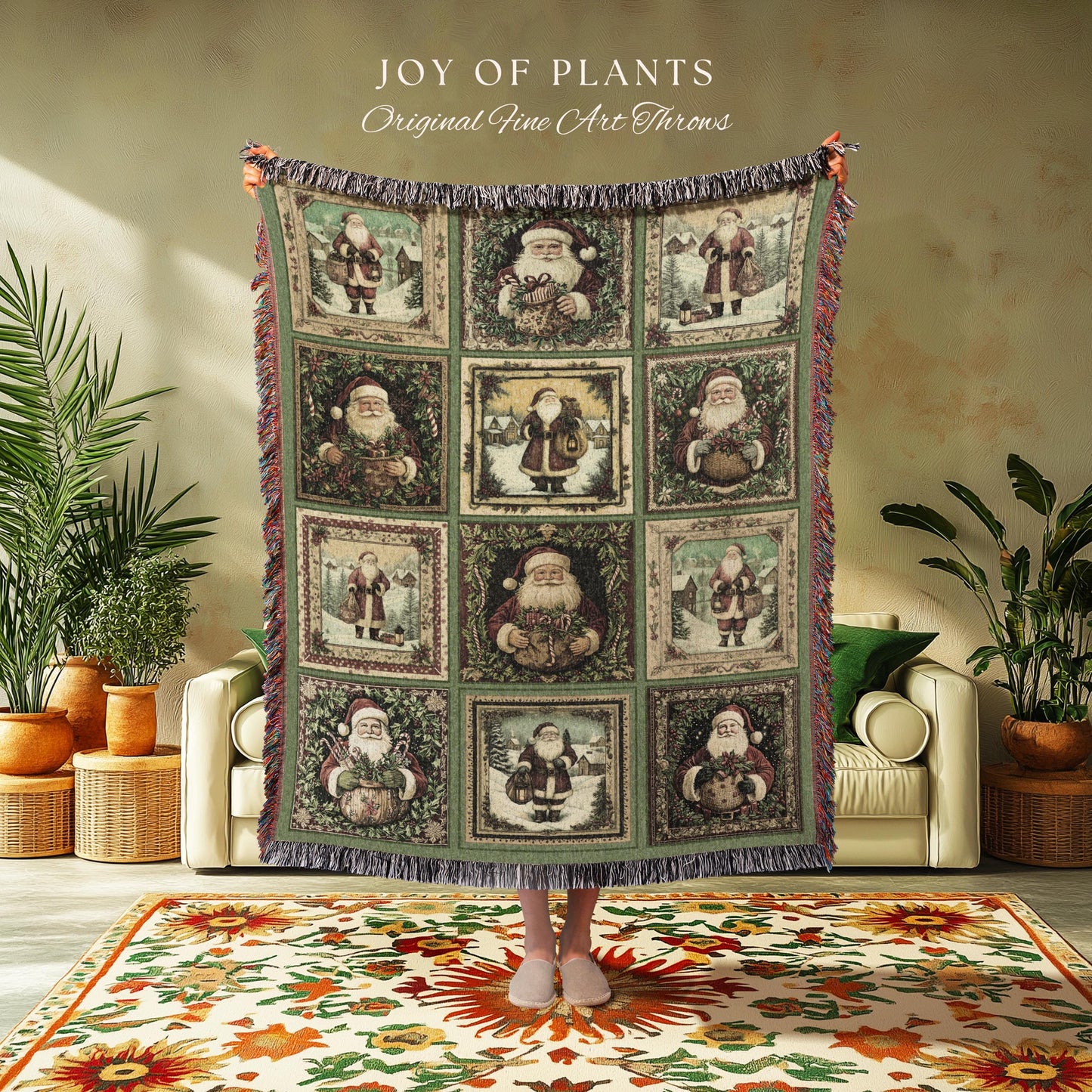 Sage Green Retro Xmas Throw Blanket | Cozy Pastel Santa Claus Home Decor Retro Christmas Whimsical Holiday Winter Wonderland Aesthetic Cute