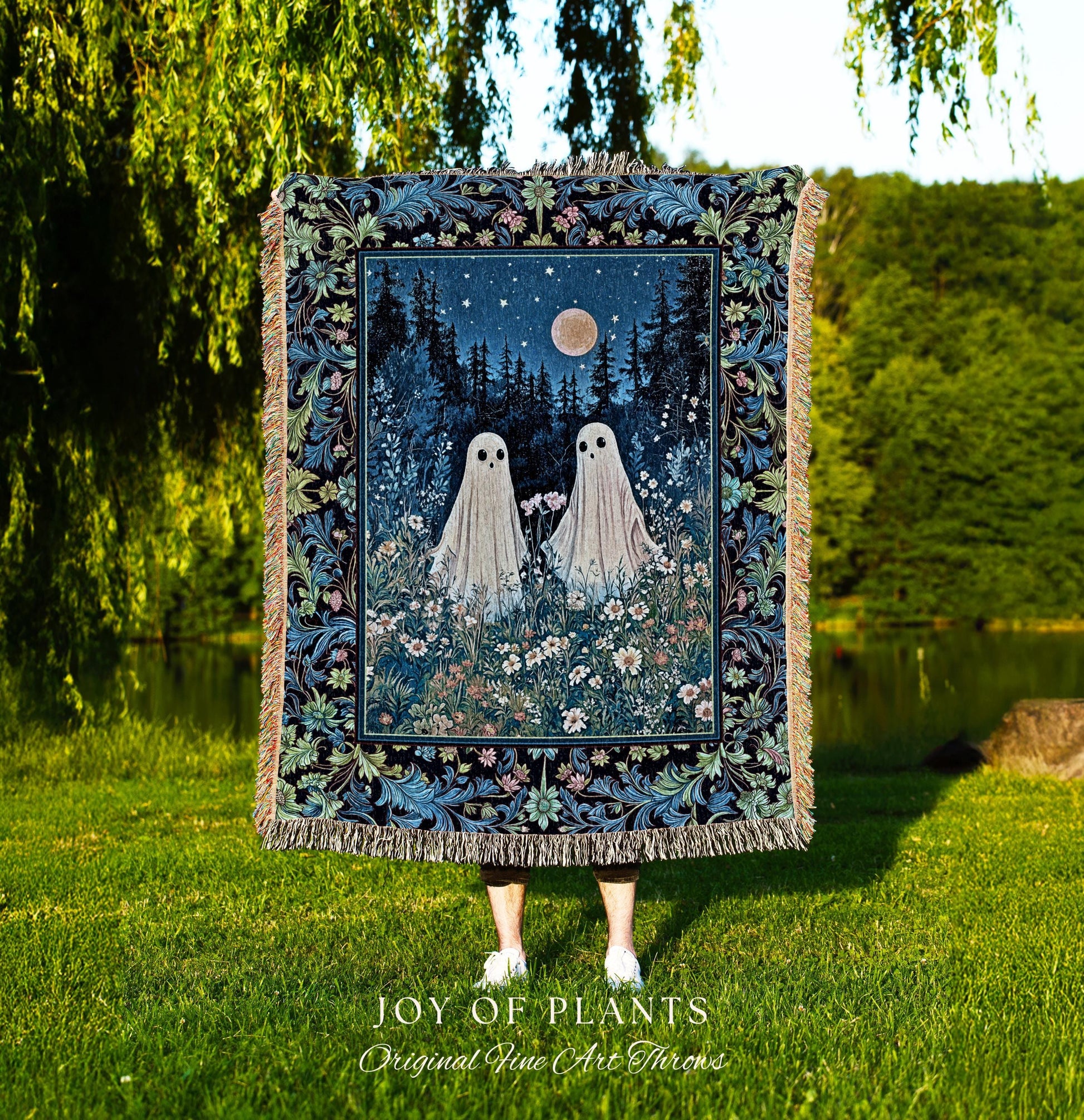 Mystic Meadow Full Moon Spirit Blanket | Indigo Starry Sky Woven Tapestry Ghost Halloween Decor Autumn Whimsical Garden Cottagecore Throw |
