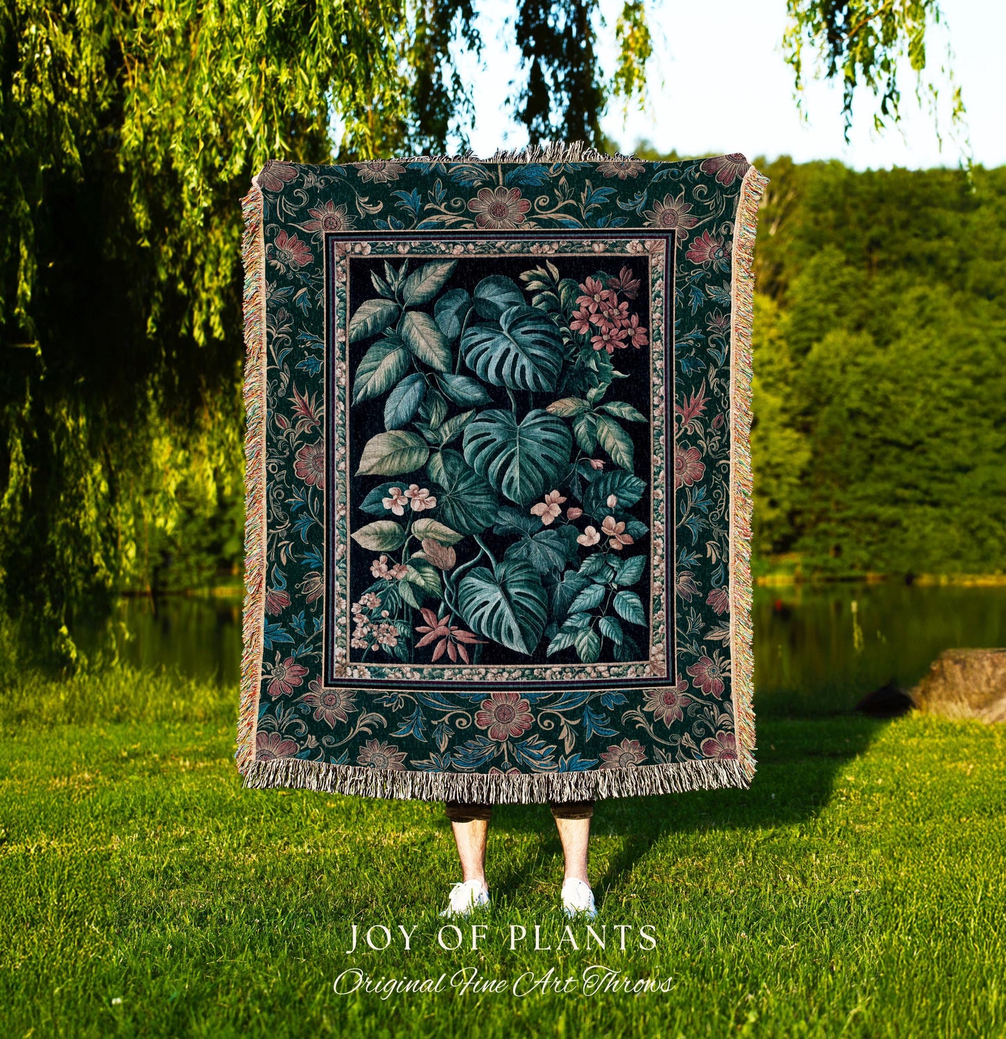 Elegant Botanicals Dark Forestcore Blanket | Woodland Fairycore Tapestry Woven Wall Art Dark Cottagecore Vintage Style Moody Bedroom Teal |