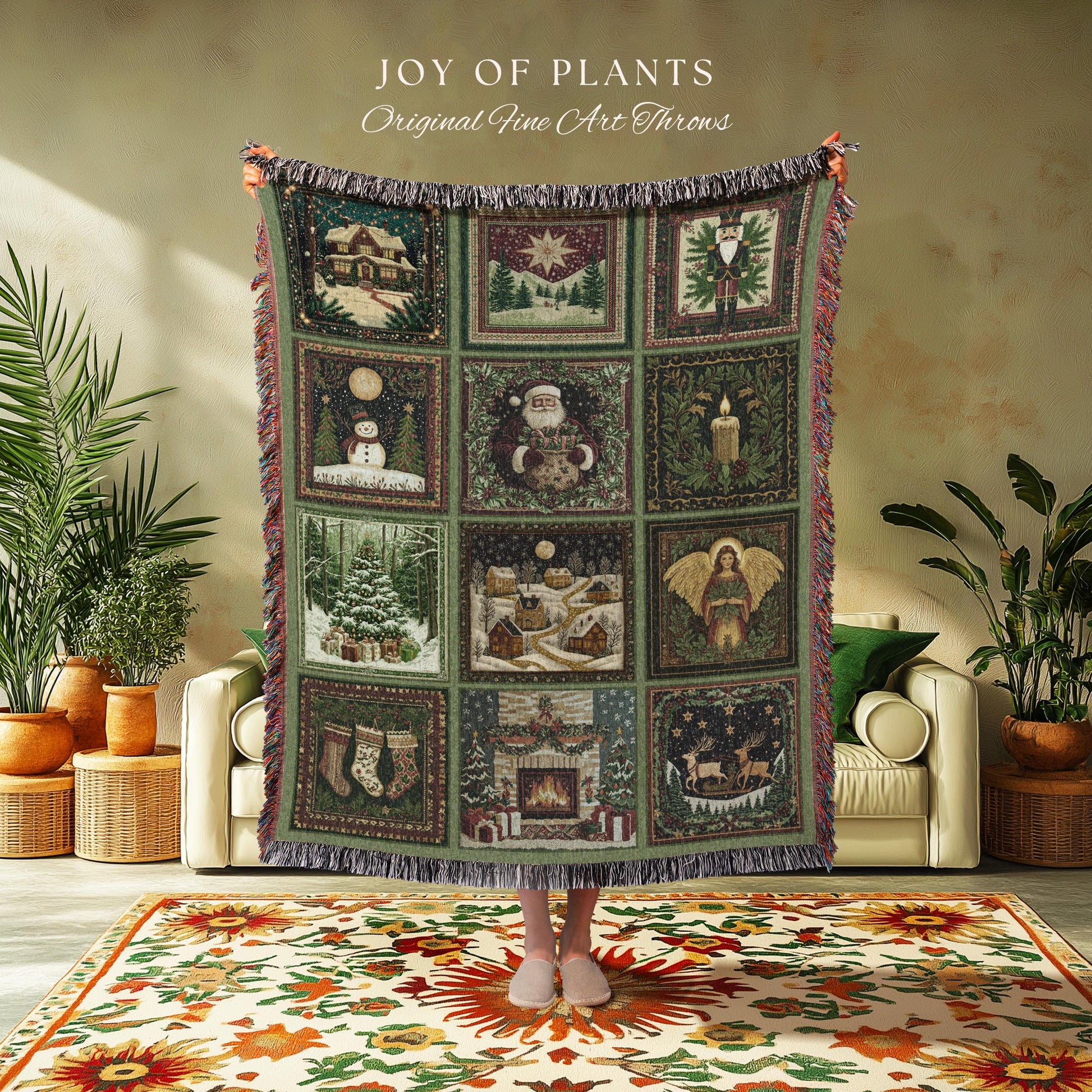 Whimsical Holiday Style Throw Blanket | Sage Green North Star Nostalgia Christmas Woven Tapestry Festive Winter Wonderland Santa Claus Decor