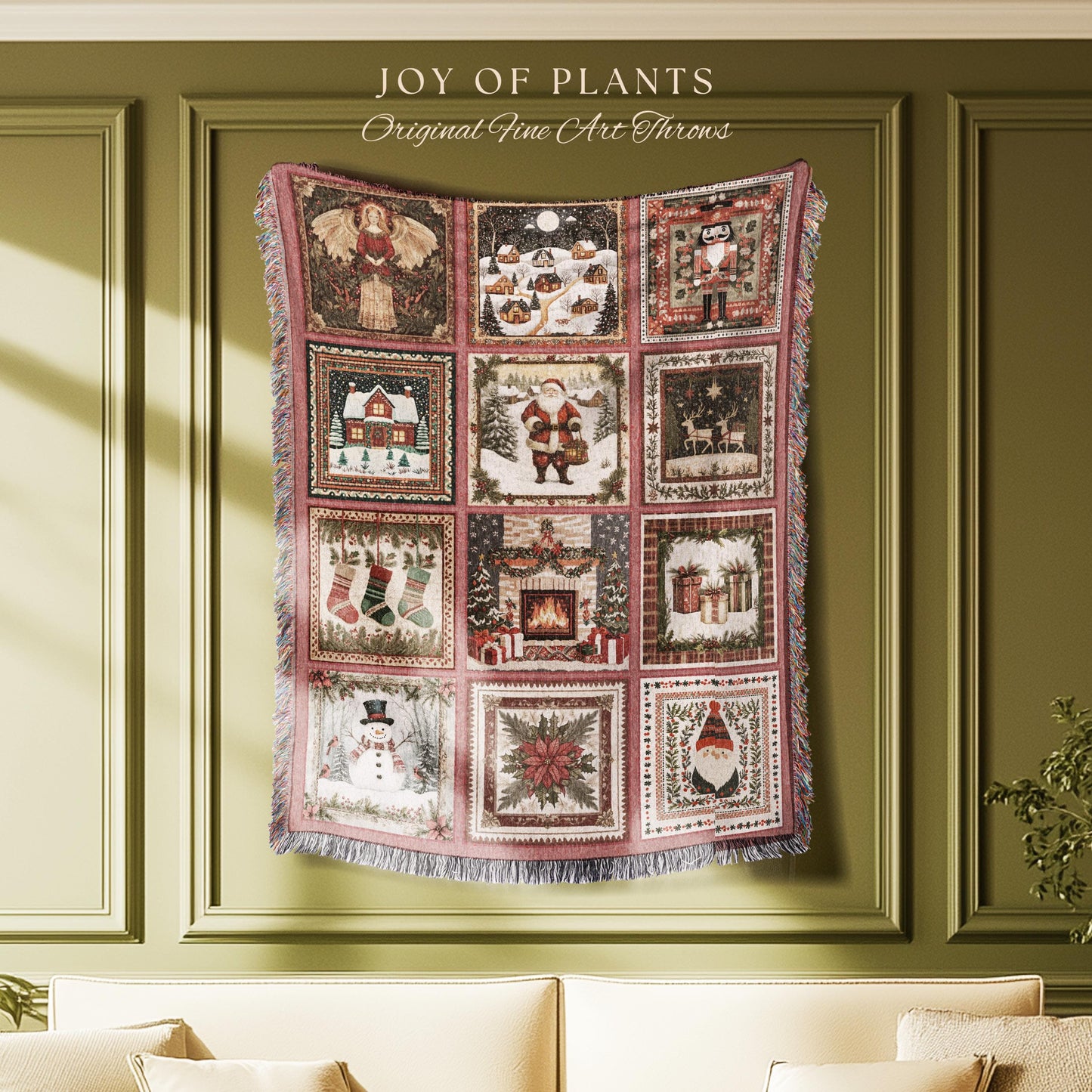 Enchanted Winter Rosy Throw Blanket | Nostalgic Scandinavian Yuletide Tapestry Vintage Christmas Cottagecore Festive Cozy Snowman Decor |