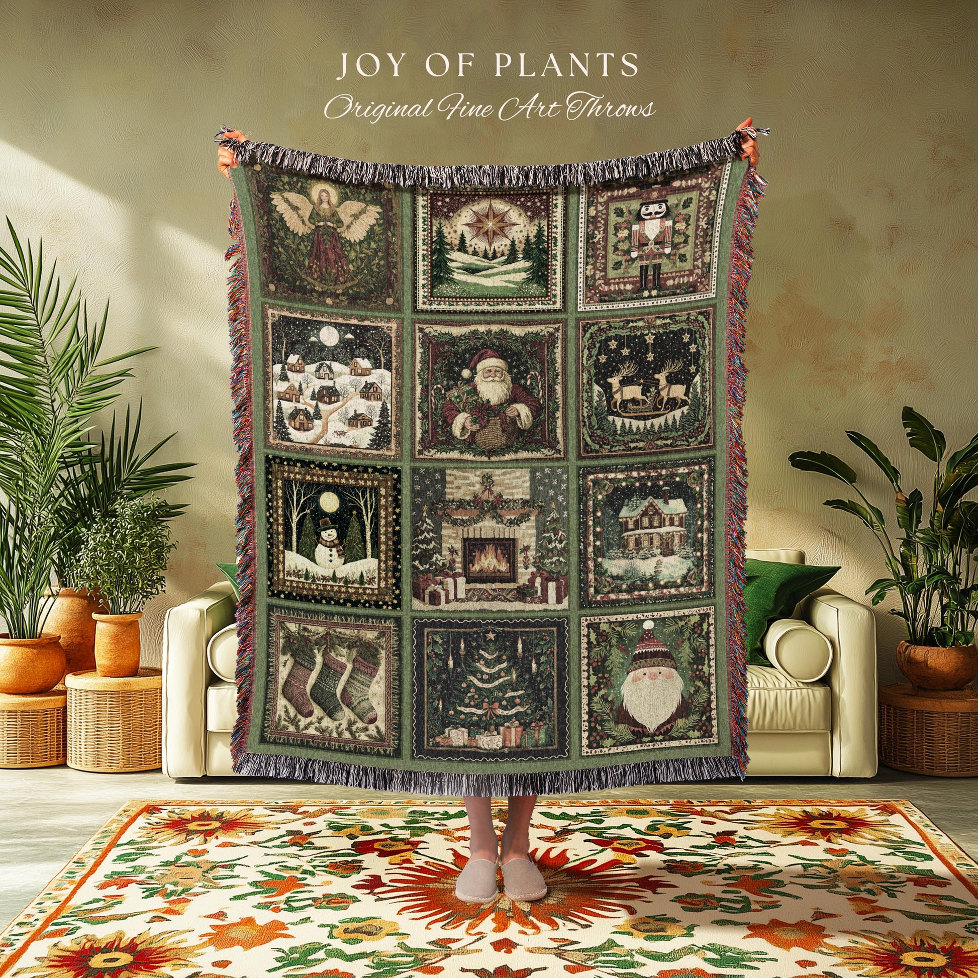 Cute Holiday Wonderland Throw Blanket | Nostalgic Whimsical Scandinavian Festive Christmas Cottagecore Retro Yuletide Winter Woven Tapestry