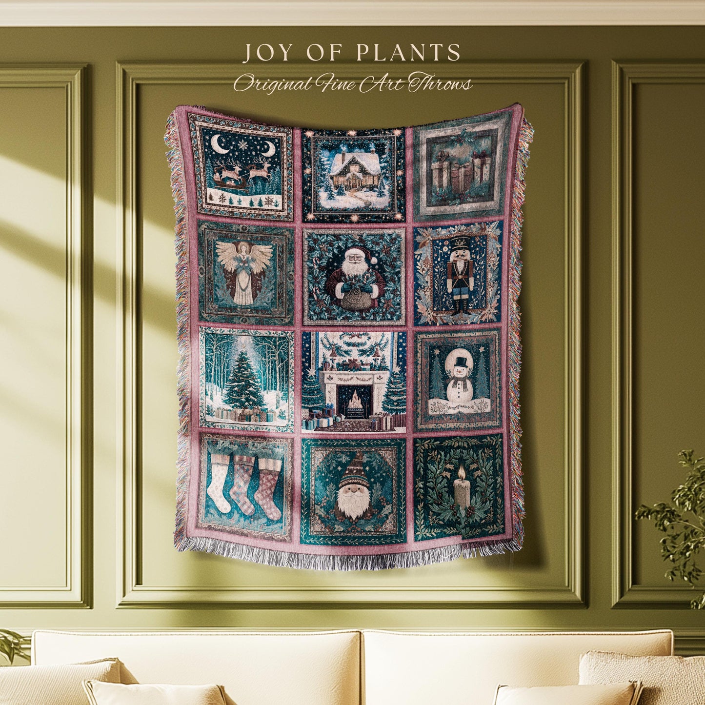 Snowy Winter Night Cozy Woven Throw | Pastel Cottagecore Patchwork Rustic Holiday Nostalgic Scandinavian Festive Yuletide Tapestry Blanket |