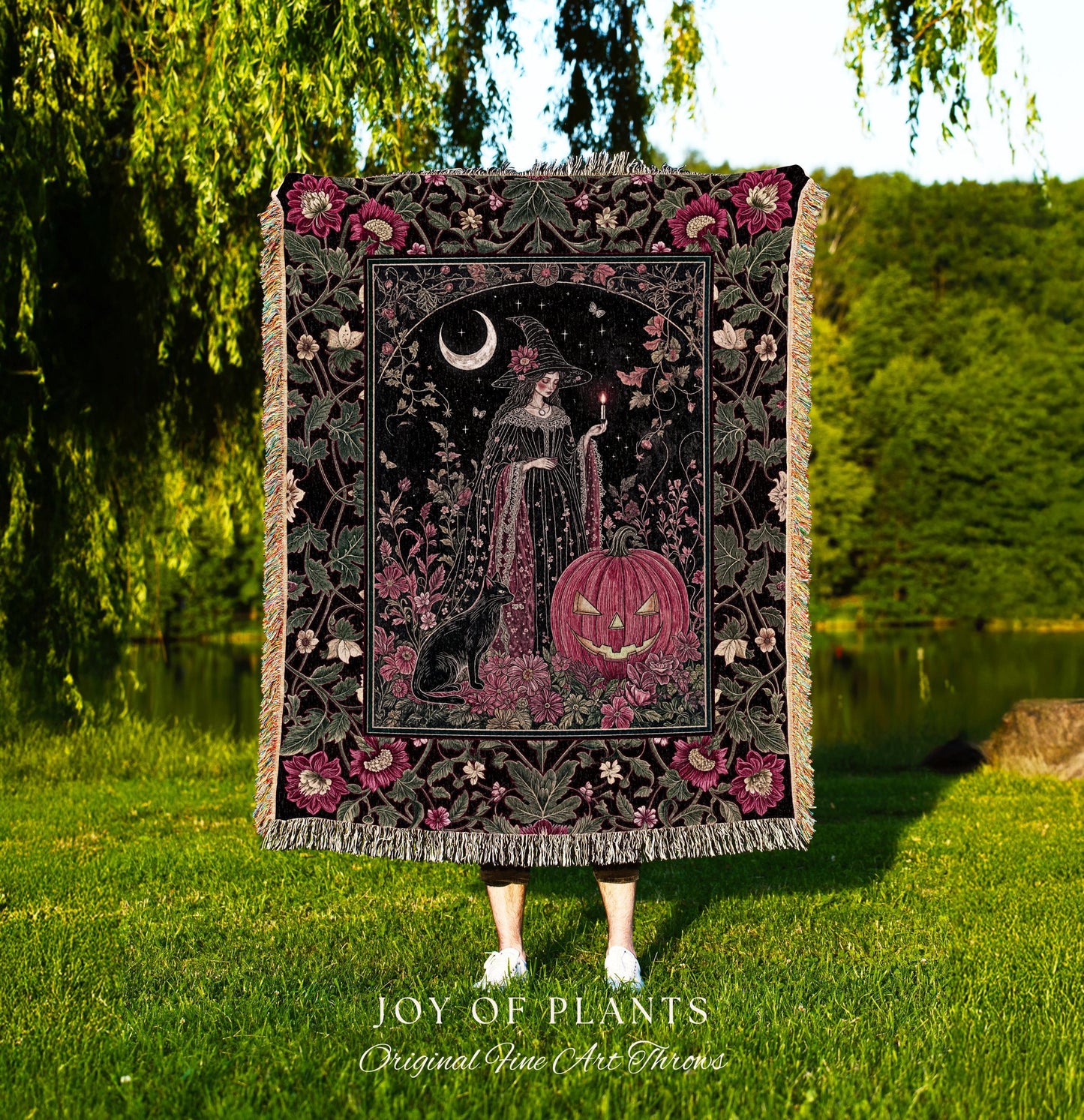 Retro Black Cat Witchy Aesthetic Blanket | Whimsigothic Decor Magical Woven Wall Tapestry Mystic Academia Cozy Dark Cottagecore Berry Pink |