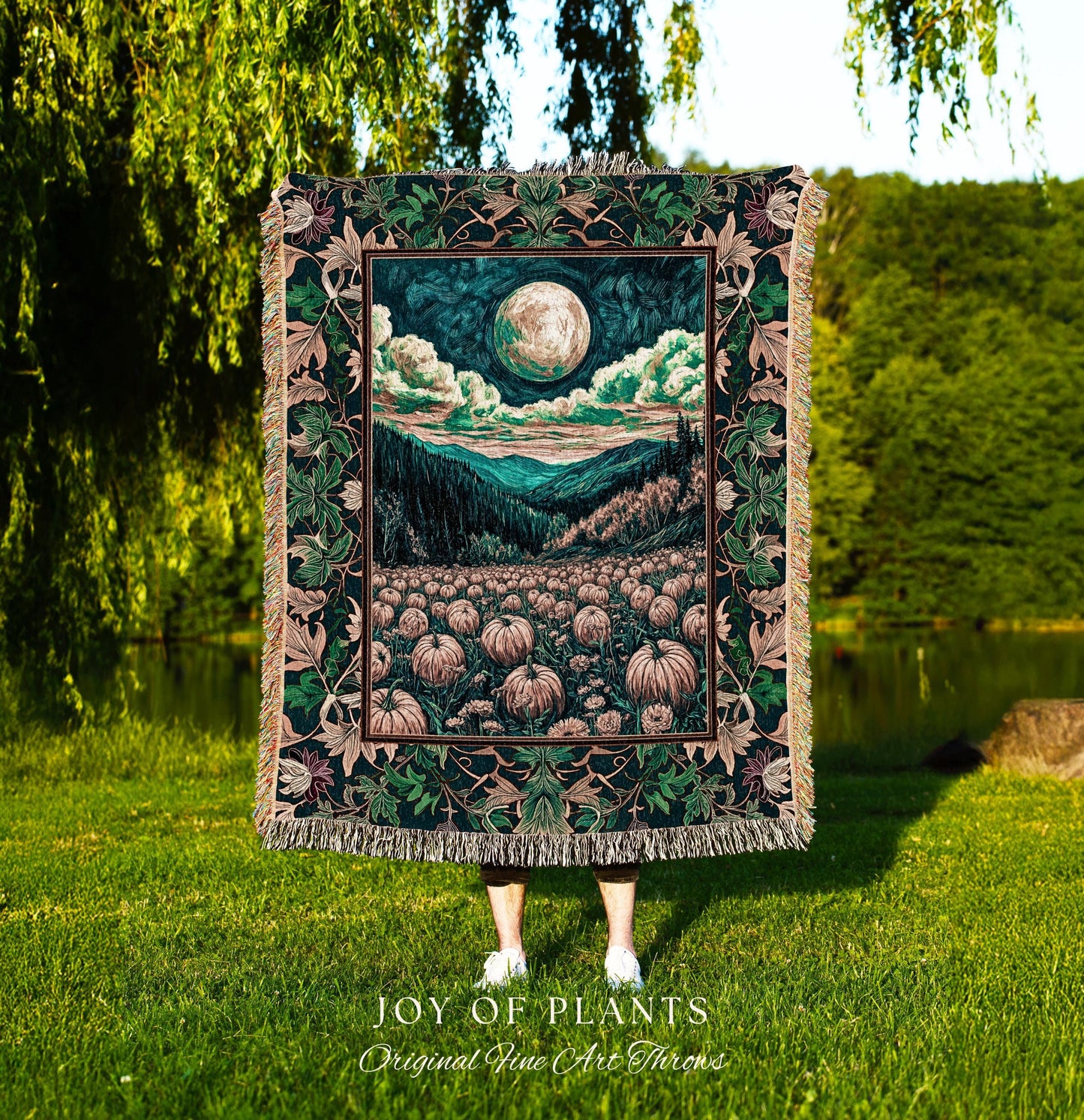 Elegant Harvest Moon Cozy Throw Blanket | Spooky Season Aesthetic Gothic Decor Whimsigoth Pumpkin Rustic Autumn Tapestry Witchy Landscape |