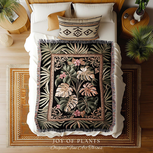 Trendy Tropical Leaves Woven Coverlet | Whimsical Wall Art Monstera Tapestry for Plant Lovers Maximalist Jungle Cottagecore Whimsy Blanket |